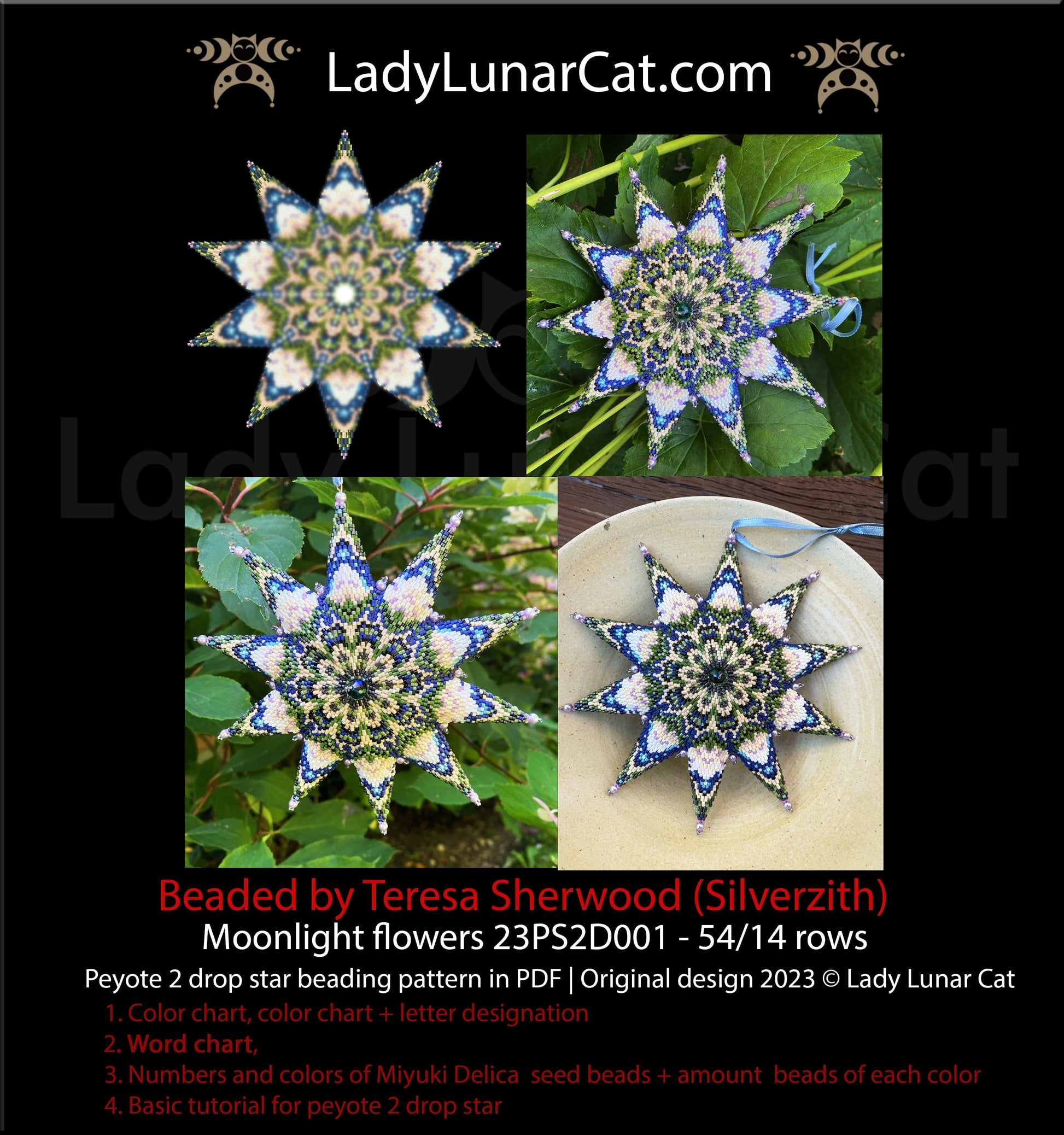 Peyote 2 drop star pattern for beading - Moonlight flowers 23PS2D001 14 rows + Basic star 2 drop LadyLunarCat