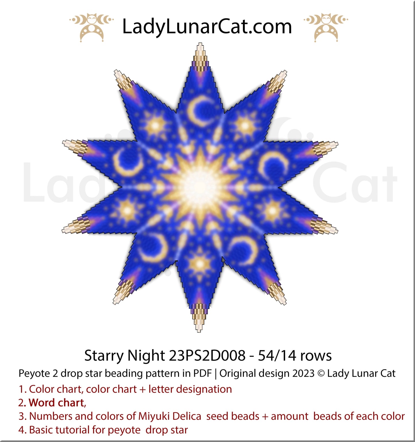 Copy of Peyote 2 drop star pattern for beading - Moonlight flowers 23PS2D001 14 rows + Basic star 2 drop LadyLunarCat
