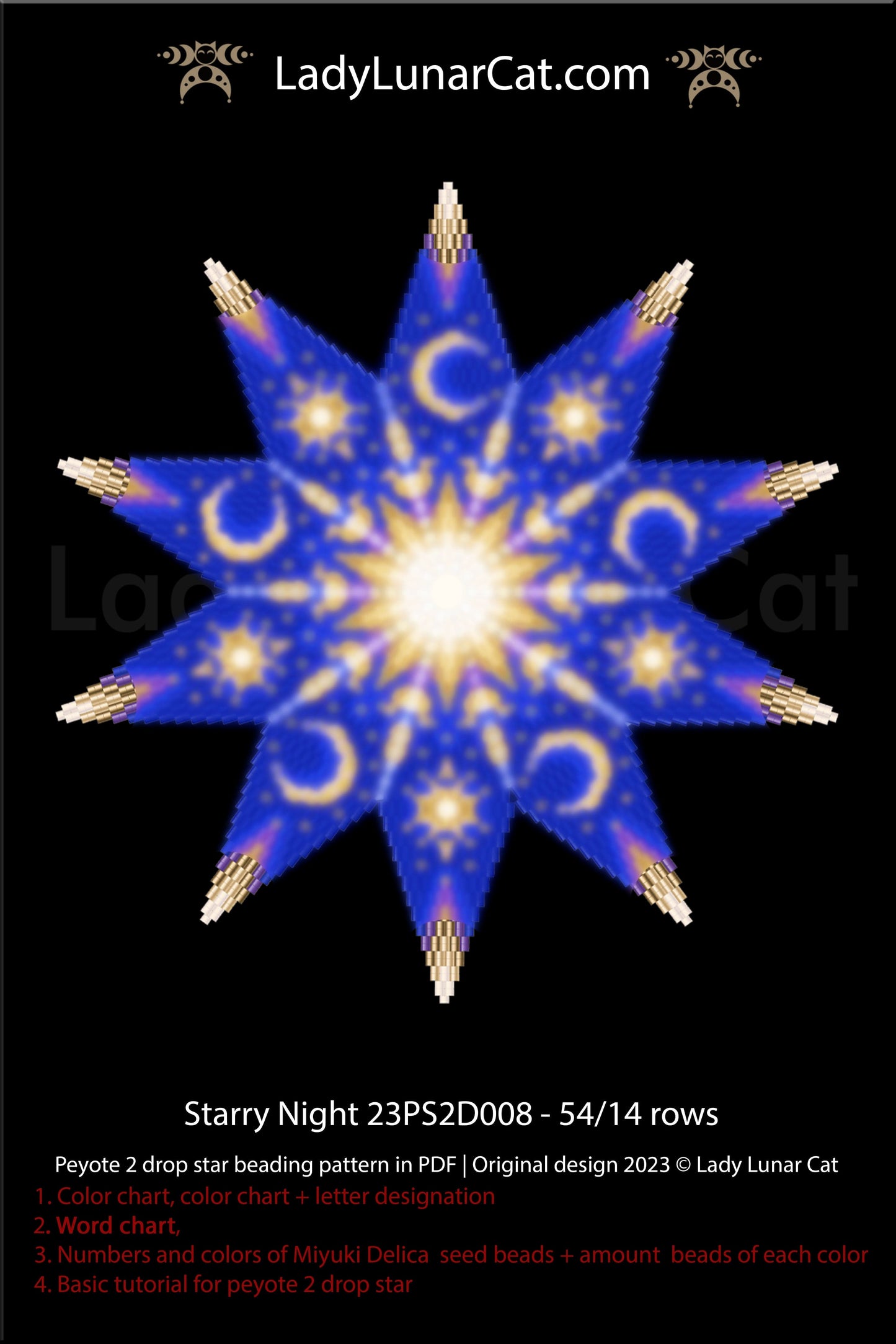 Copy of Peyote 2 drop star pattern for beading - Moonlight flowers 23PS2D001 14 rows + Basic star 2 drop LadyLunarCat