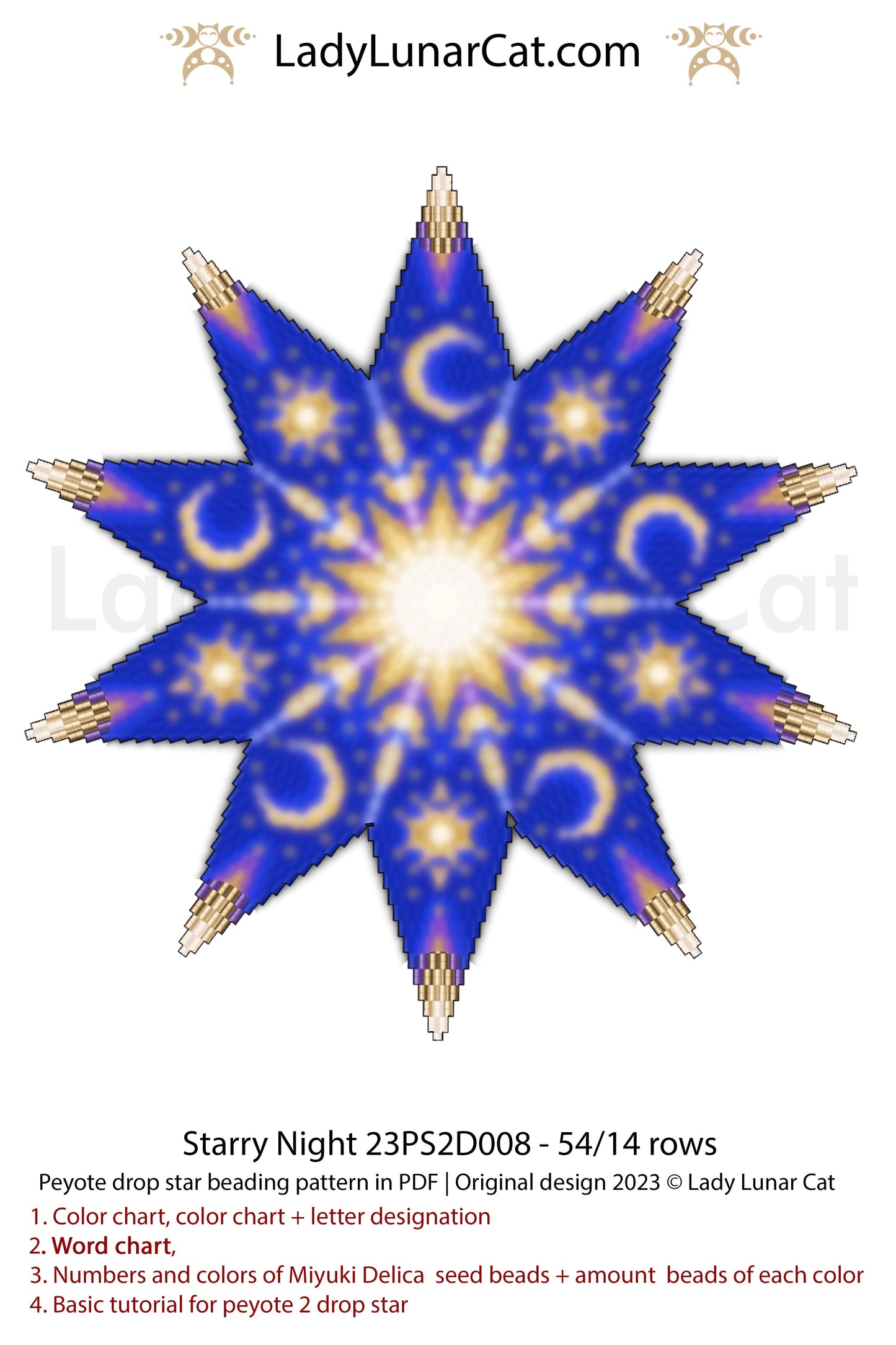 Copy of Peyote 2 drop star pattern for beading - Moonlight flowers 23PS2D001 14 rows + Basic star 2 drop LadyLunarCat