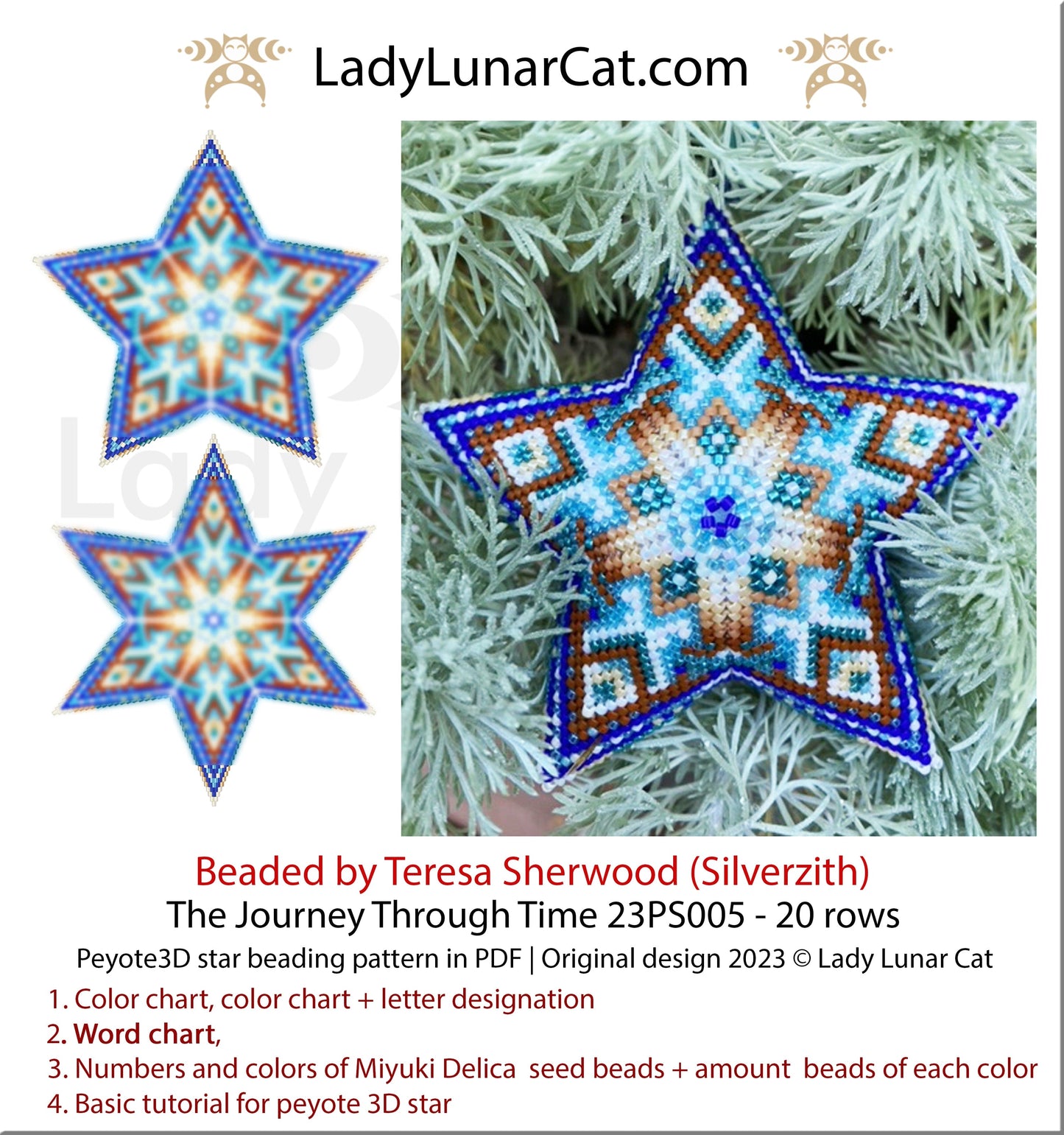Peyote star pattern for beading - The Journey Through Time 23PS005 20 rows LadyLunarCat