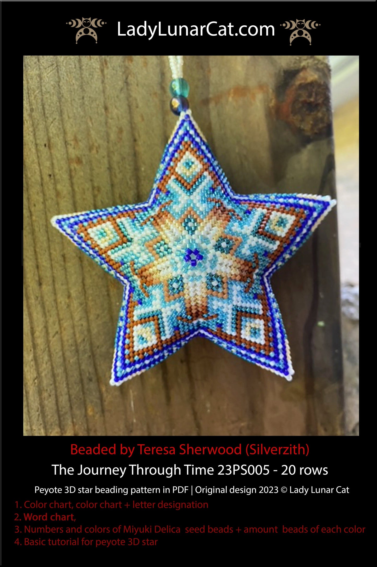 Peyote star pattern for beading - The Journey Through Time 23PS005 20 rows LadyLunarCat