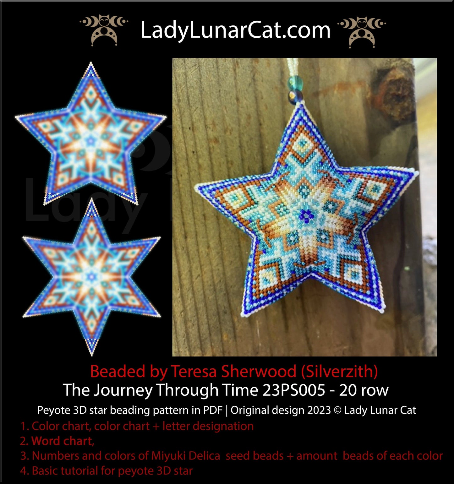 Peyote star pattern for beading - The Journey Through Time 23PS005 20 rows LadyLunarCat