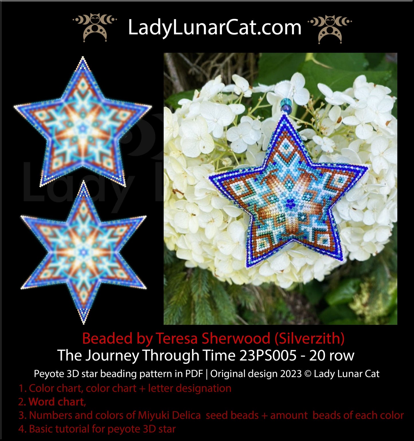 Peyote star pattern for beading - The Journey Through Time 23PS005 20 rows LadyLunarCat