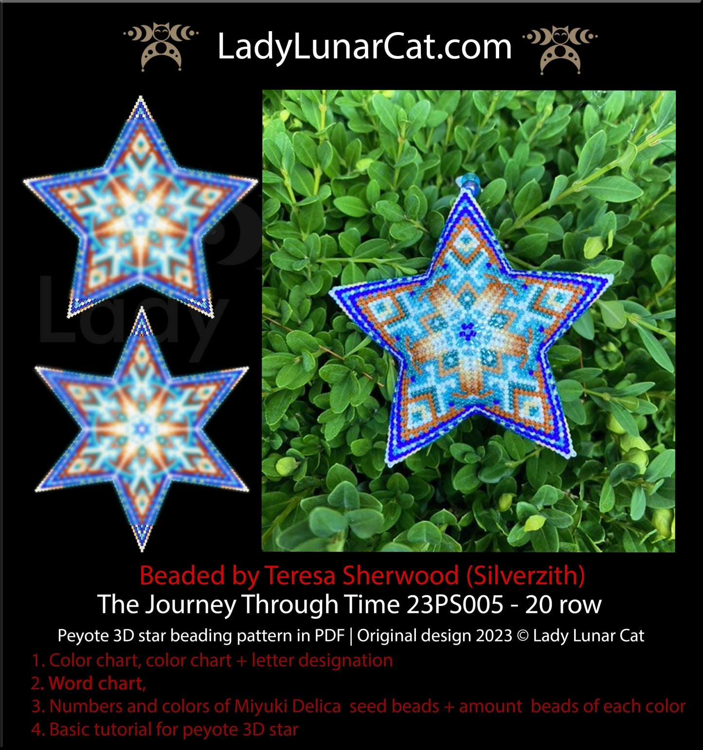 Peyote star pattern for beading - The Journey Through Time 23PS005 20 rows LadyLunarCat