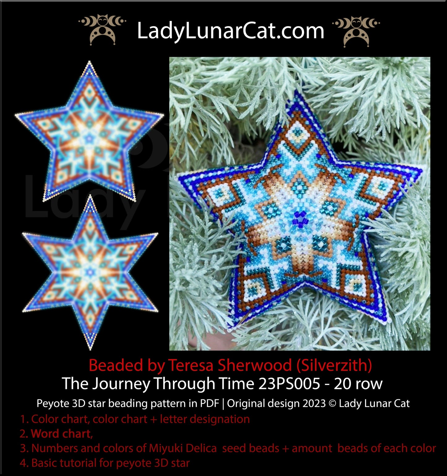 Peyote star pattern for beading - The Journey Through Time 23PS005 20 rows LadyLunarCat