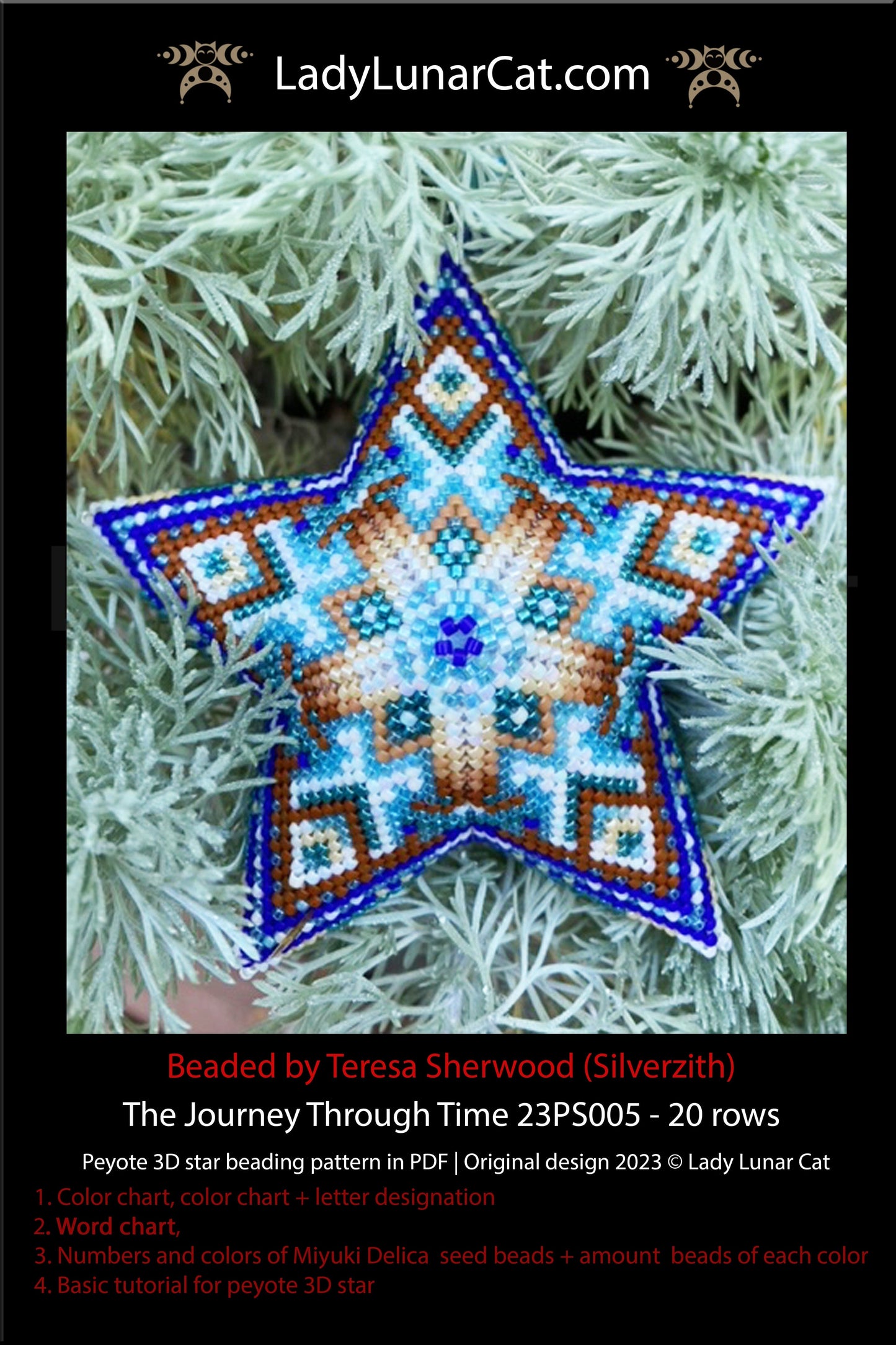 Peyote star pattern for beading - The Journey Through Time 23PS005 20 rows LadyLunarCat