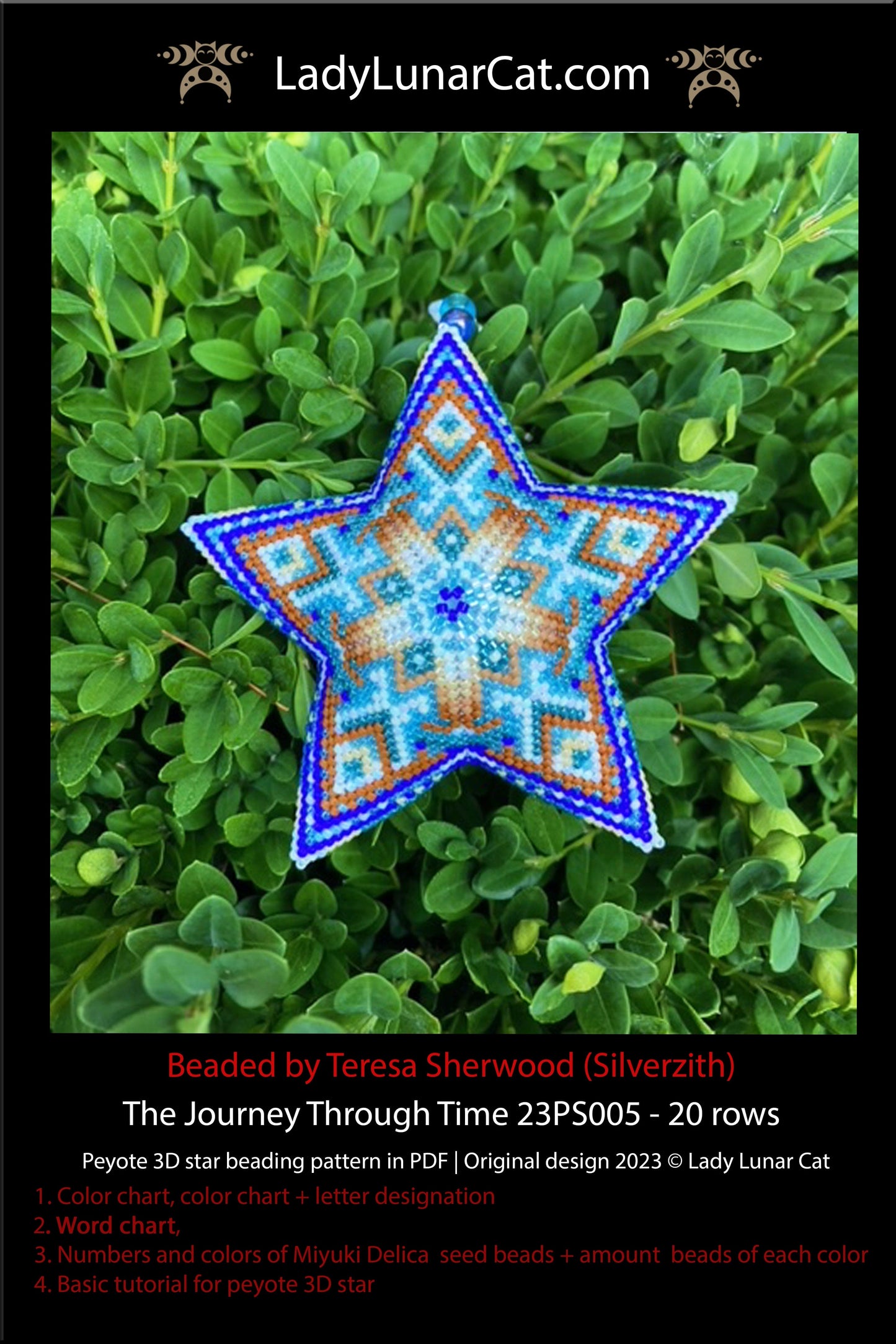 Peyote star pattern for beading - The Journey Through Time 23PS005 20 rows LadyLunarCat