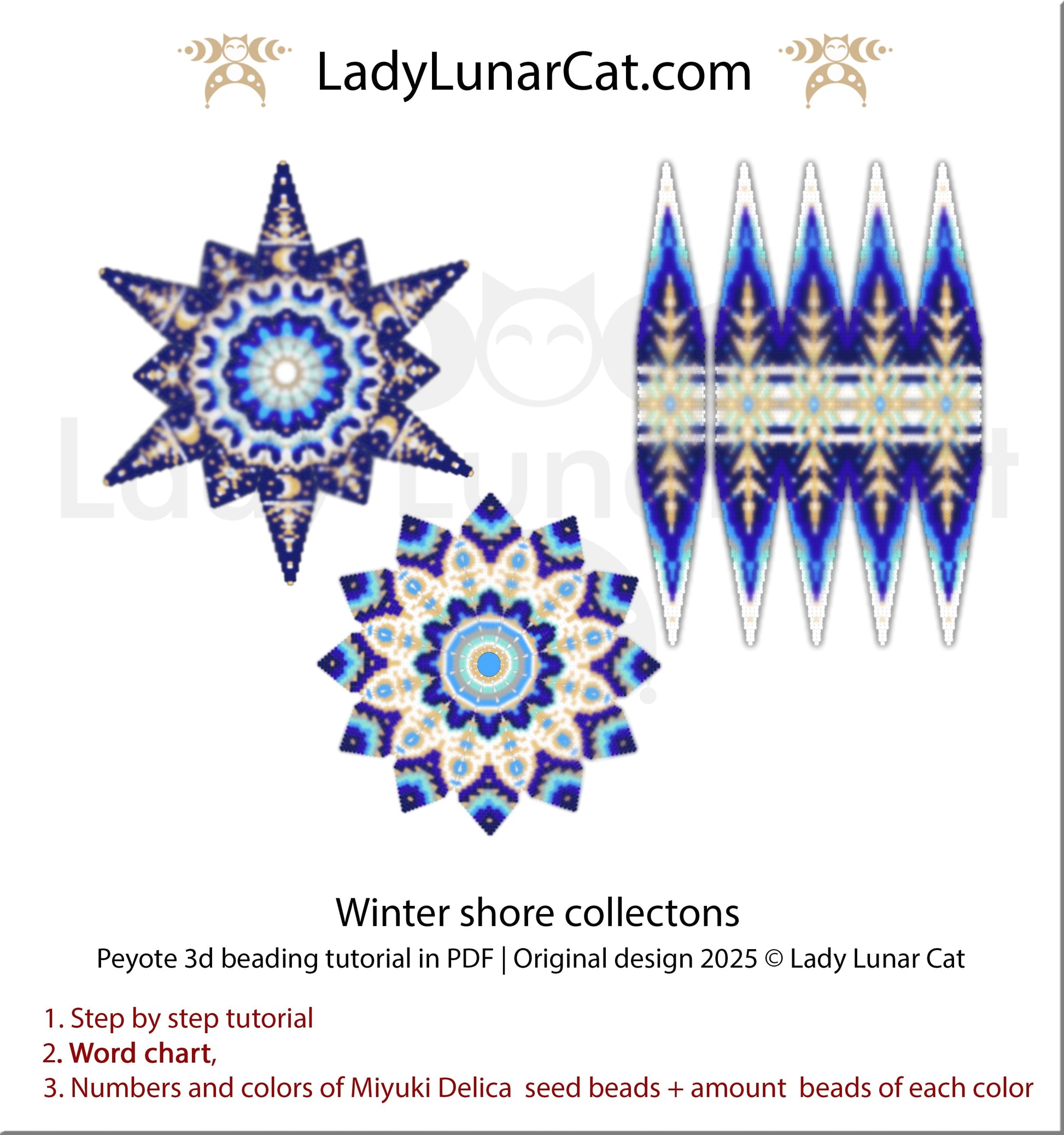 Winter Shore Collection: 3-in-1 Beading Tutorial PDF for Peyote 3D Star & Pod LadyLunarCat