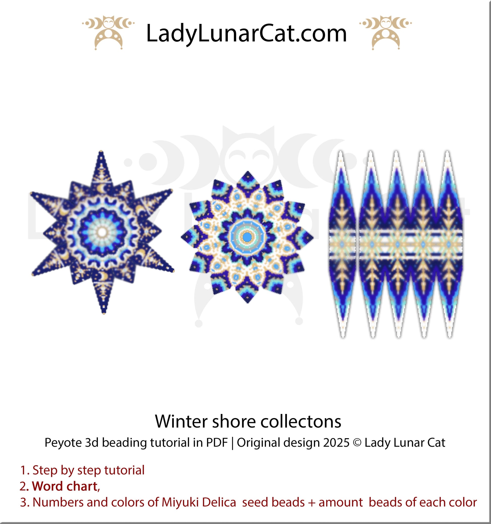 Winter Shore Collection: 3-in-1 Beading Tutorial PDF for Peyote 3D Star & Pod LadyLunarCat