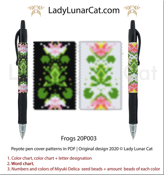 Peyote pen cover pattern for beading 20P003 Frogs LadyLunarCat
