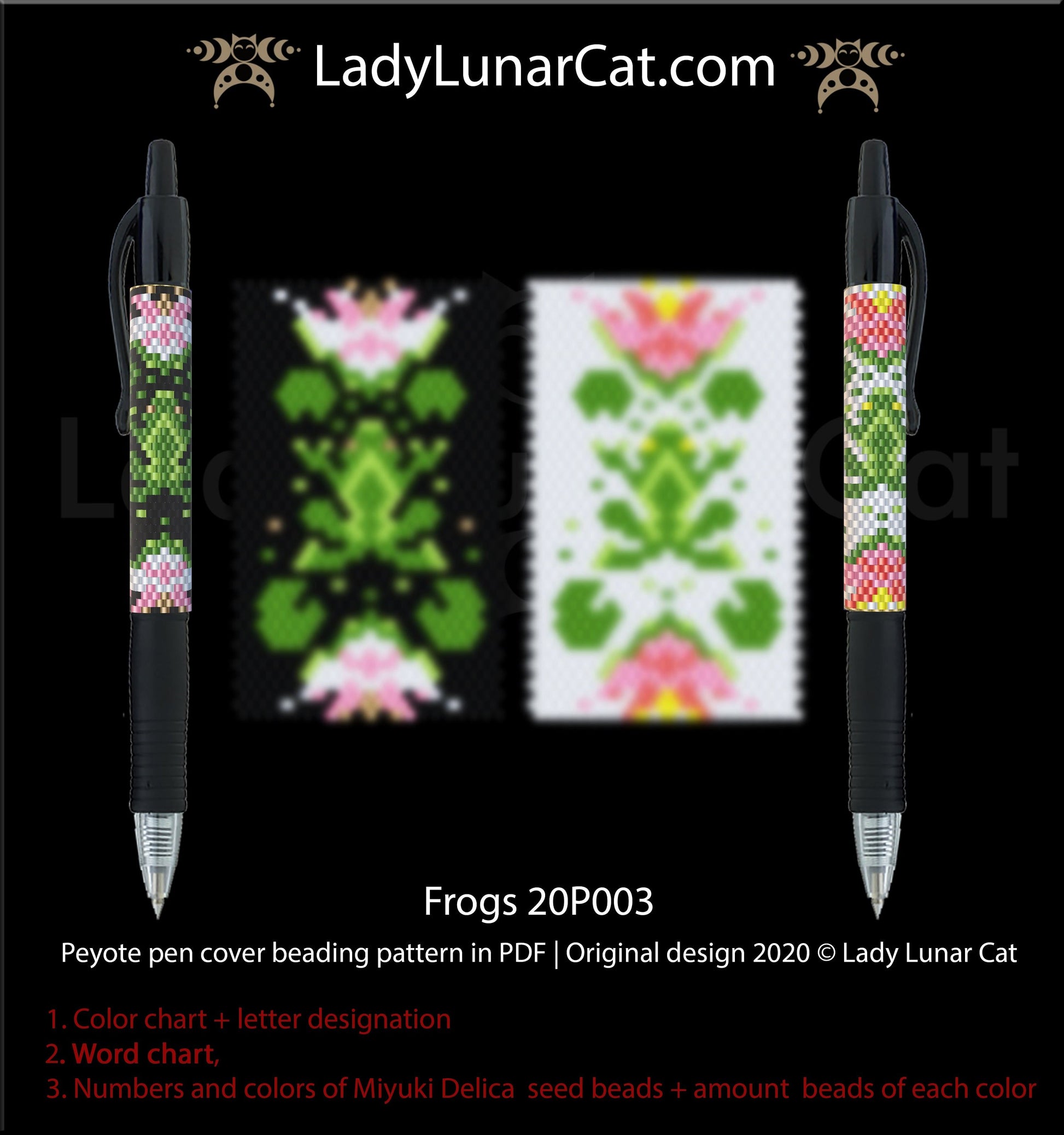 Peyote pen cover pattern for beading 20P003 Frogs LadyLunarCat