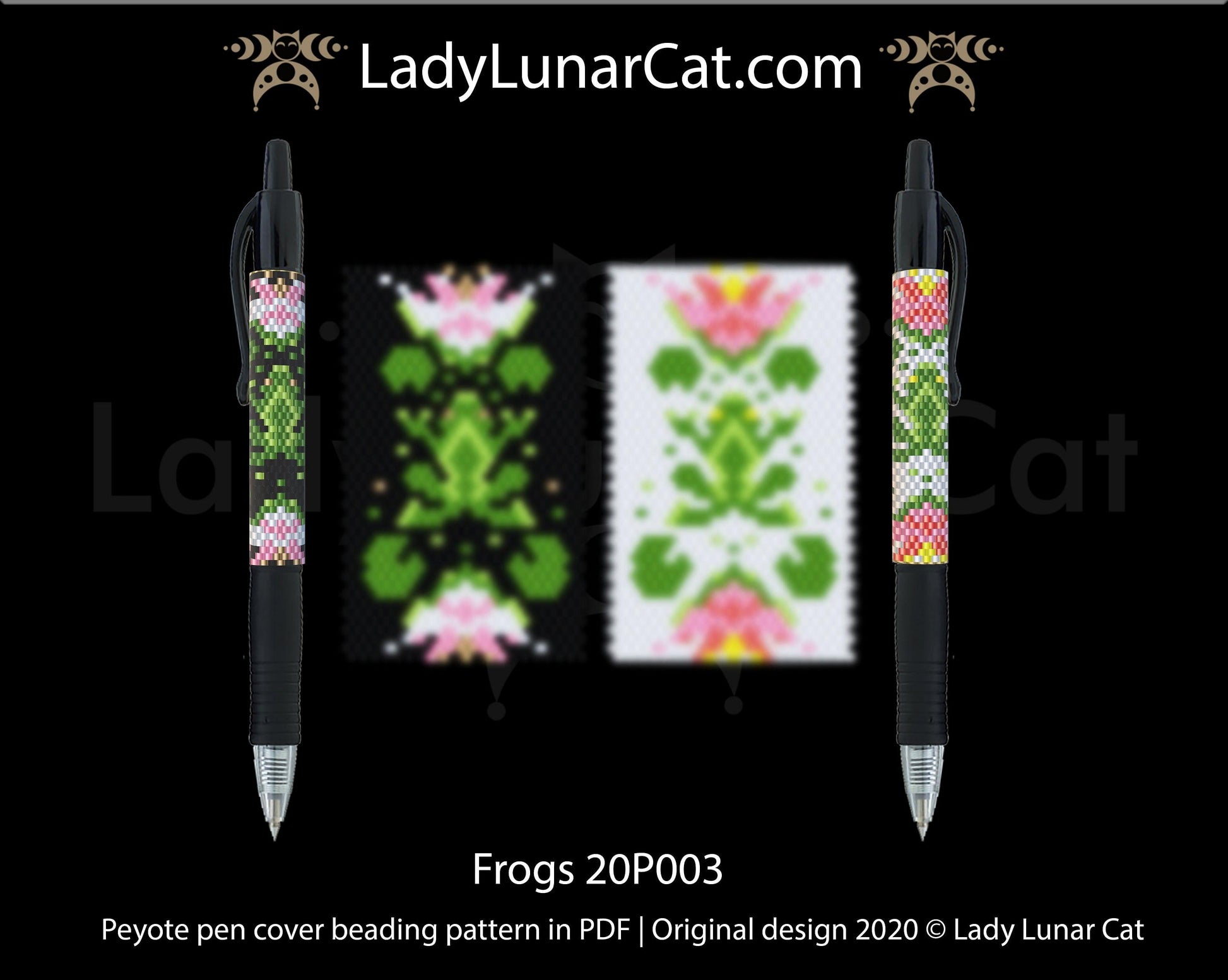Peyote pen cover pattern for beading 20P003 Frogs LadyLunarCat