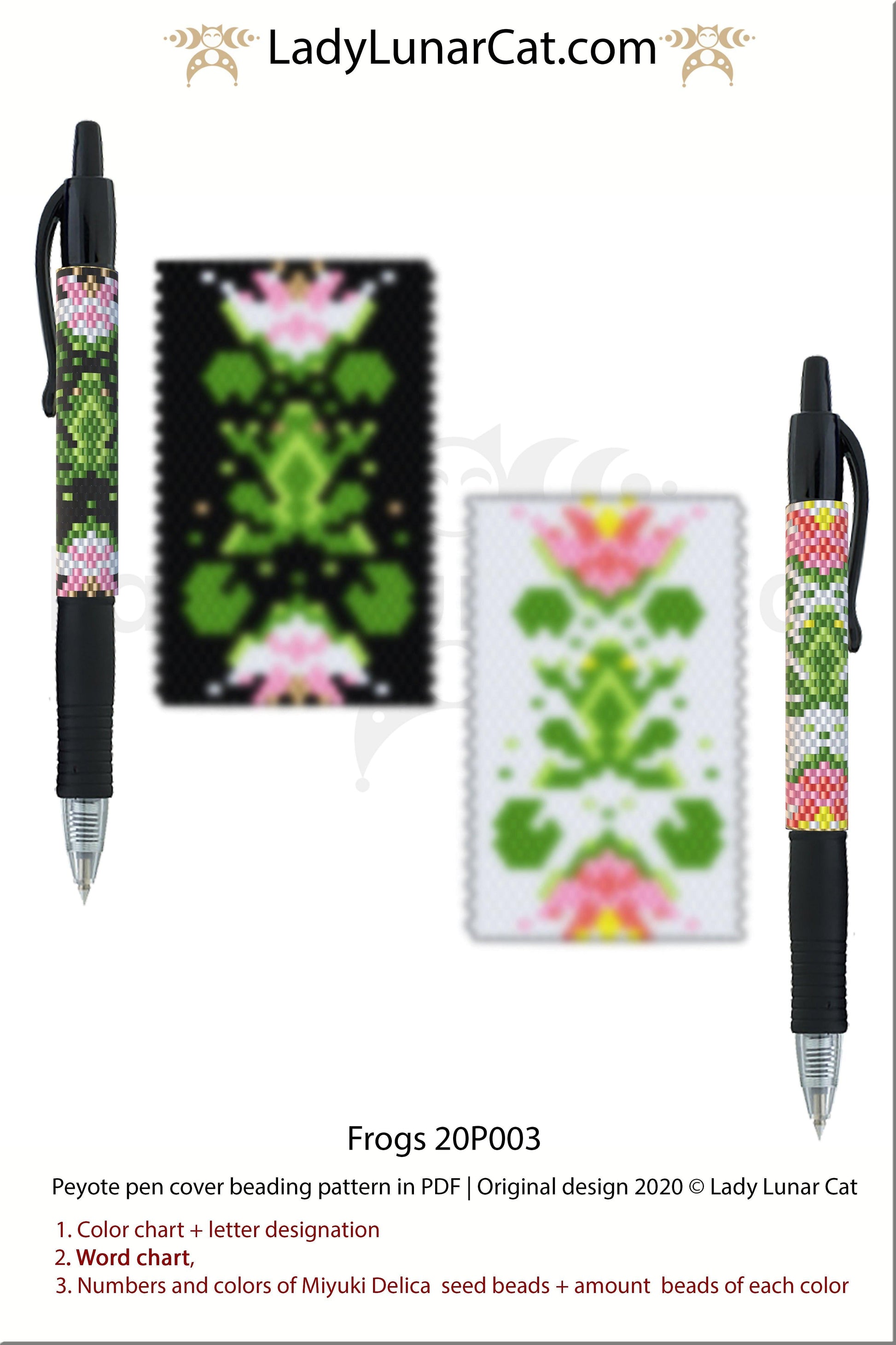 Peyote pen cover pattern for beading 20P003 Frogs LadyLunarCat