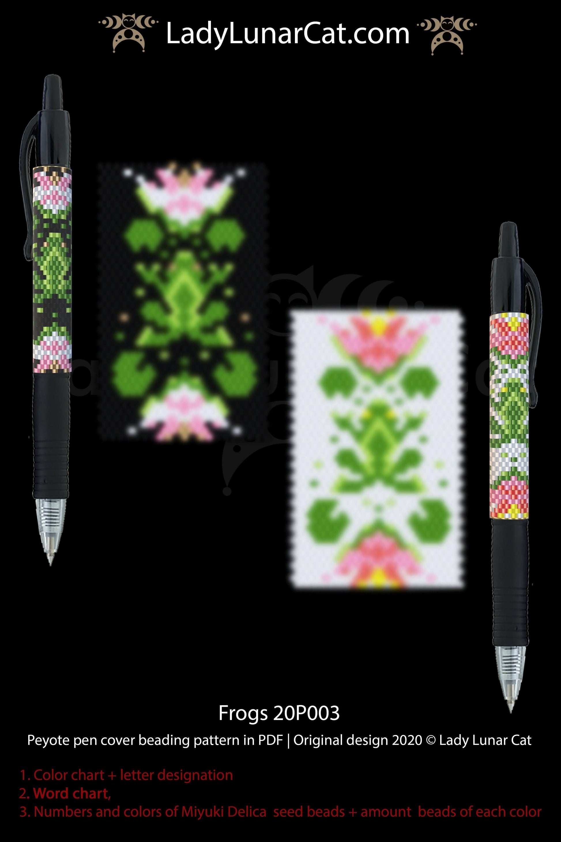 Peyote pen cover pattern for beading 20P003 Frogs LadyLunarCat