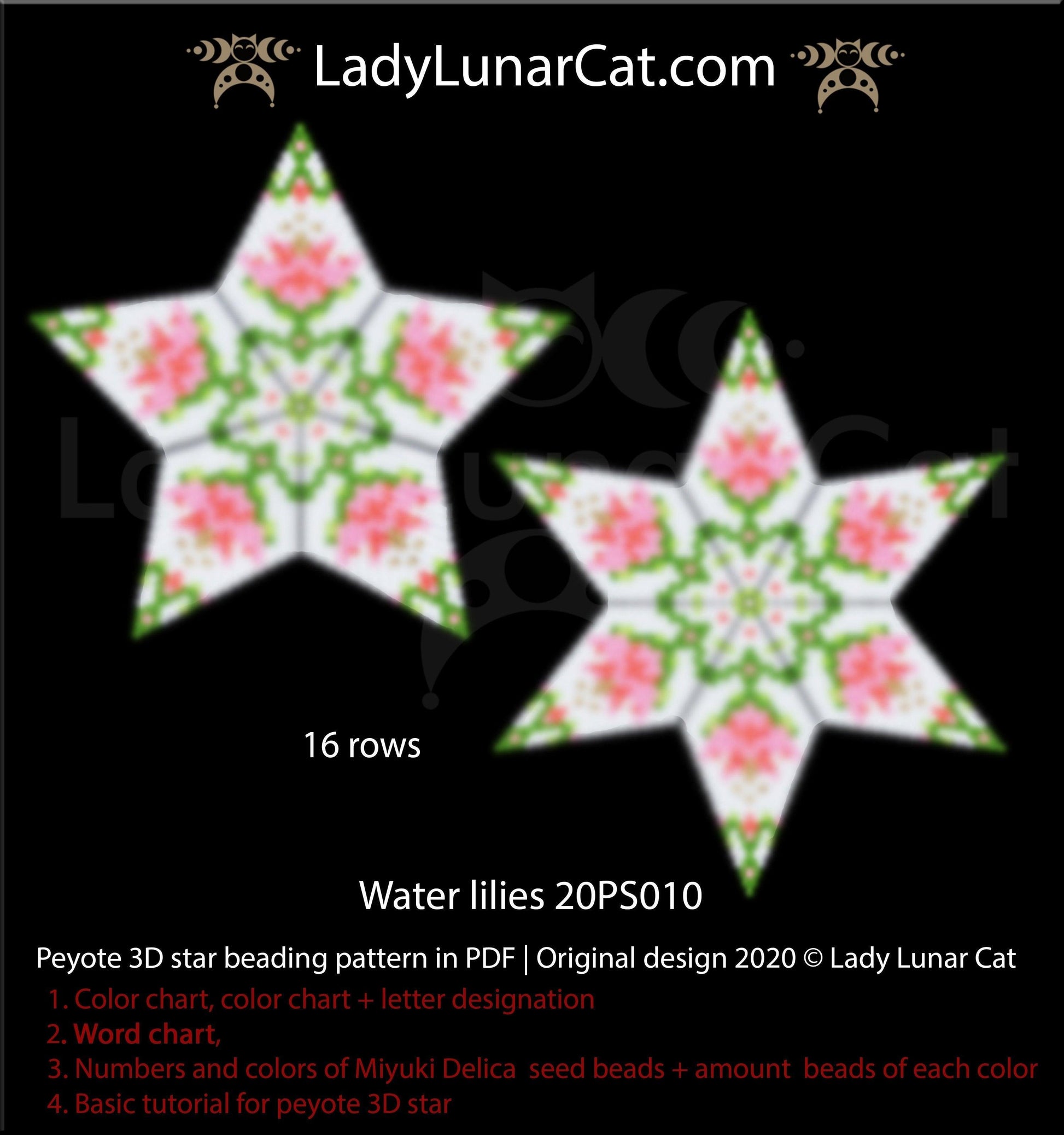 3d peyote star patterns for beading Water lilies 20PS010 LadyLunarCat