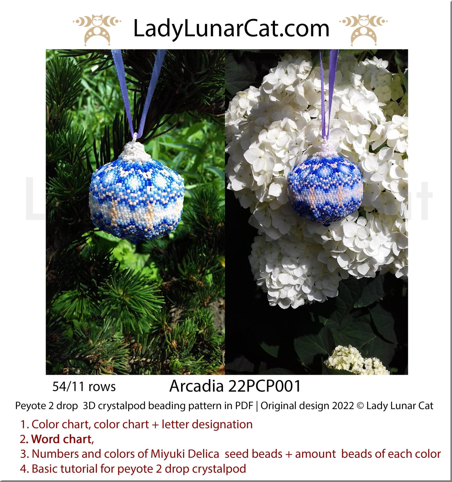 Peyote 2drop pod pattern or crystalpod pattern for beading Arcadia 22PCP001 LadyLunarCat