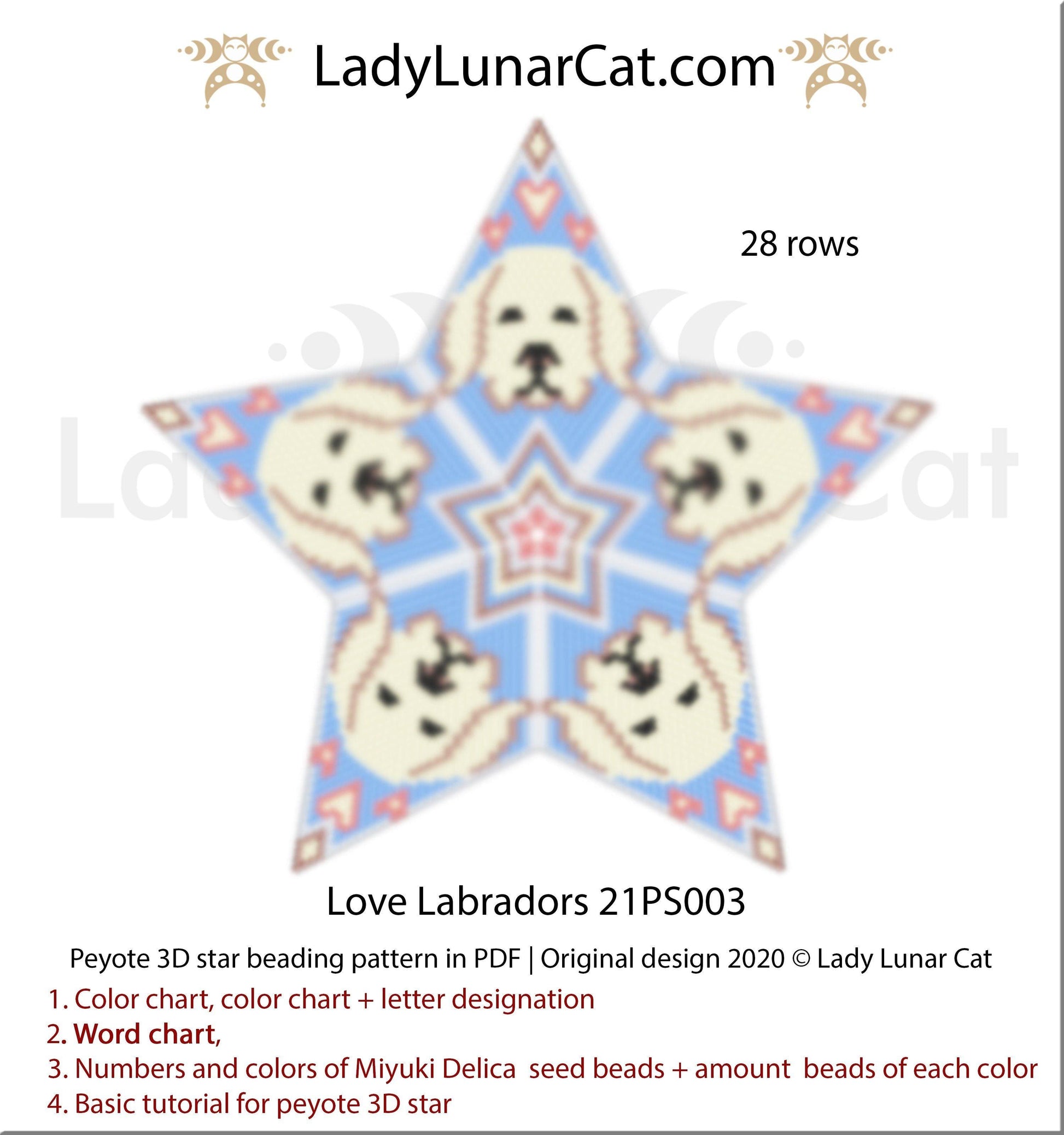 Beaded star pattern - Love Labradors 21PS003 | Seed beads tutorial for 3D peyote star LadyLunarCat