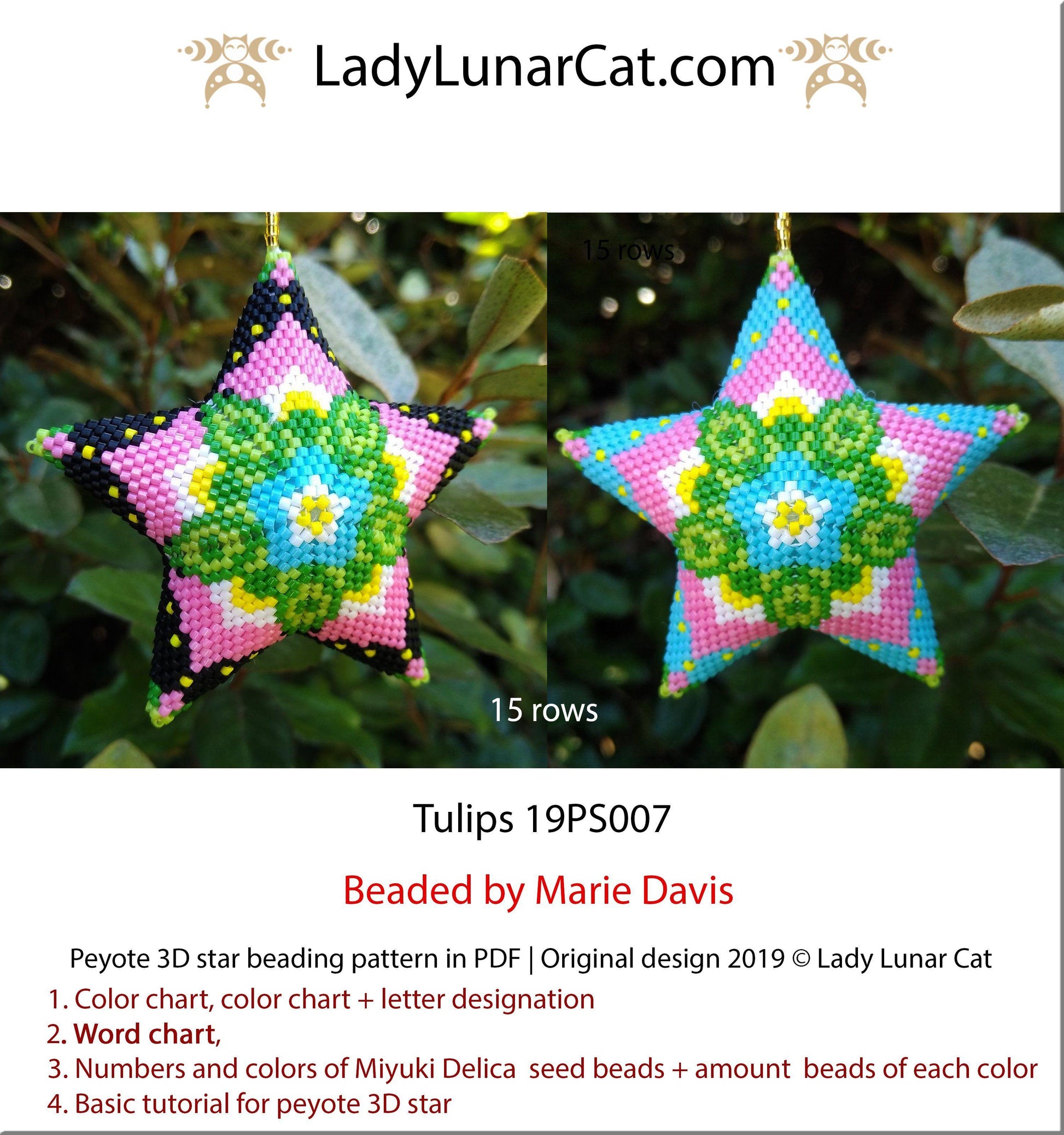 Beaded star pattern - Tulips 19PS007 | Seed beads tutorial for 3D peyote star LadyLunarCat