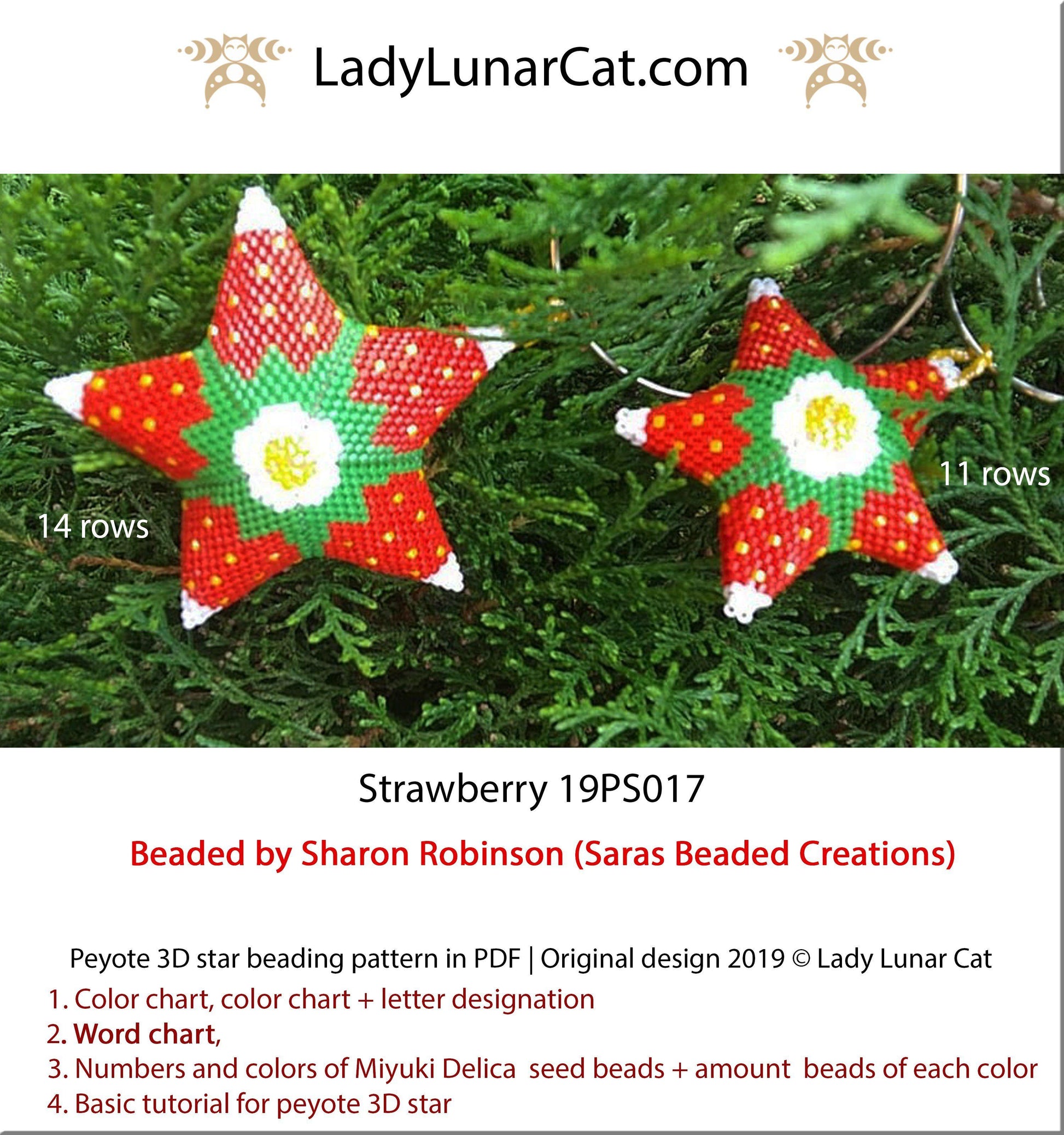 Beaded star pattern for beadweaving red Strawberry 19PS017 LadyLunarCat