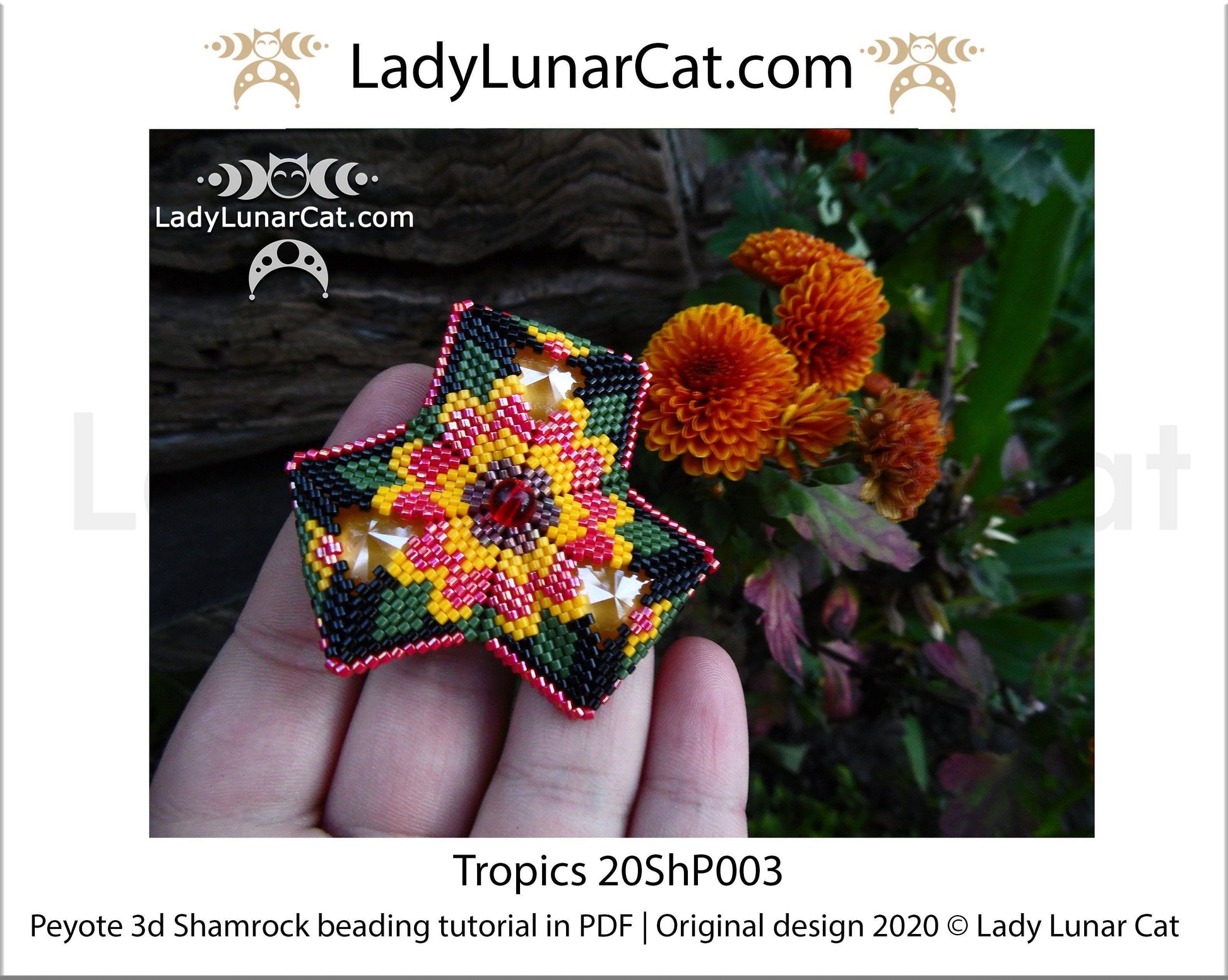 Beading tutorial Peyote 3d Shamrock Tropics 20ShP003 Step by step instruction LadyLunarCat