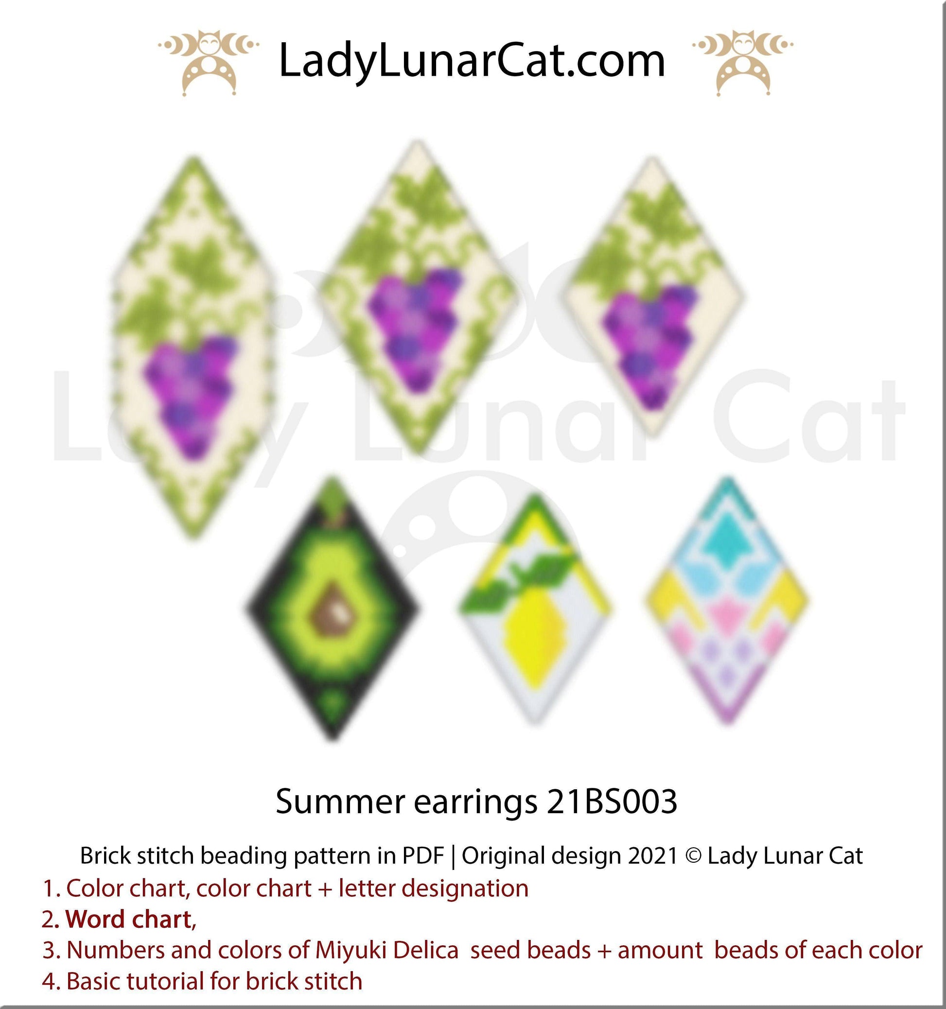 Brick stitch pattern for beading Avocado cat 21P002 | Summer beaded jewelry tutorial LadyLunarCat