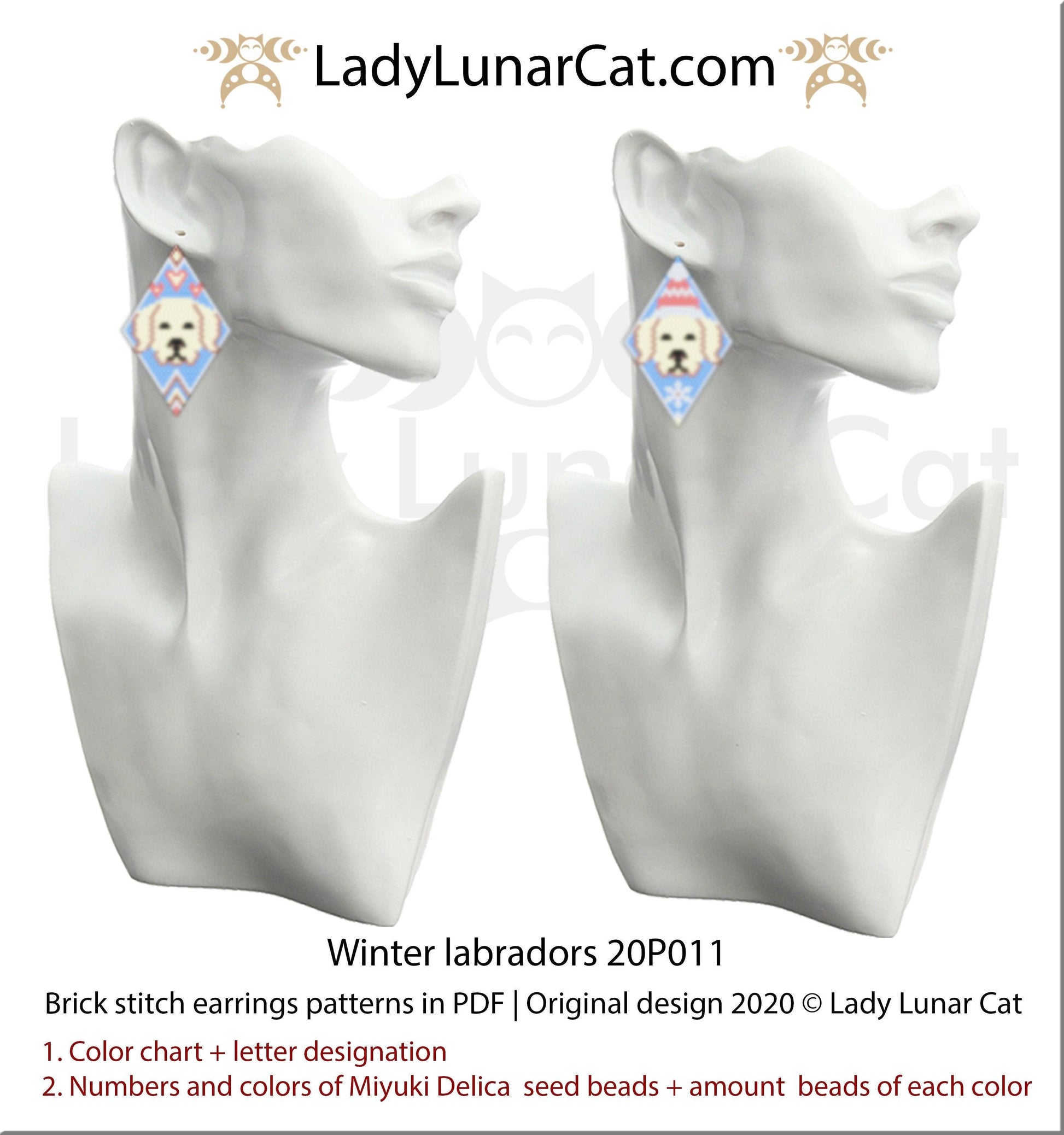 Brick stitch pattern for beading Winter Labradors 20P010 | Christmas beaded earrings tutorial LadyLunarCat