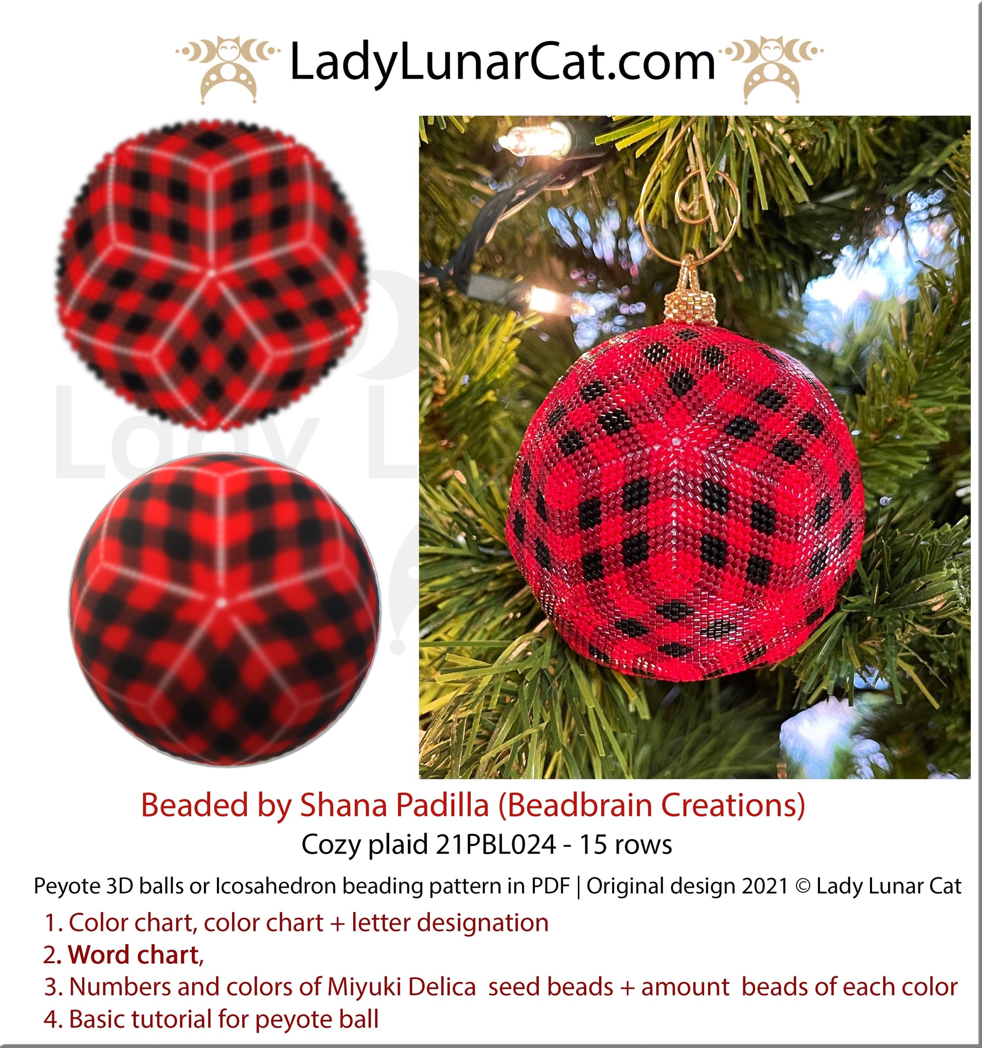 Peyote 3d ball pattern for beading Cozy plaid 21PBL024 15 rows LadyLunarCat
