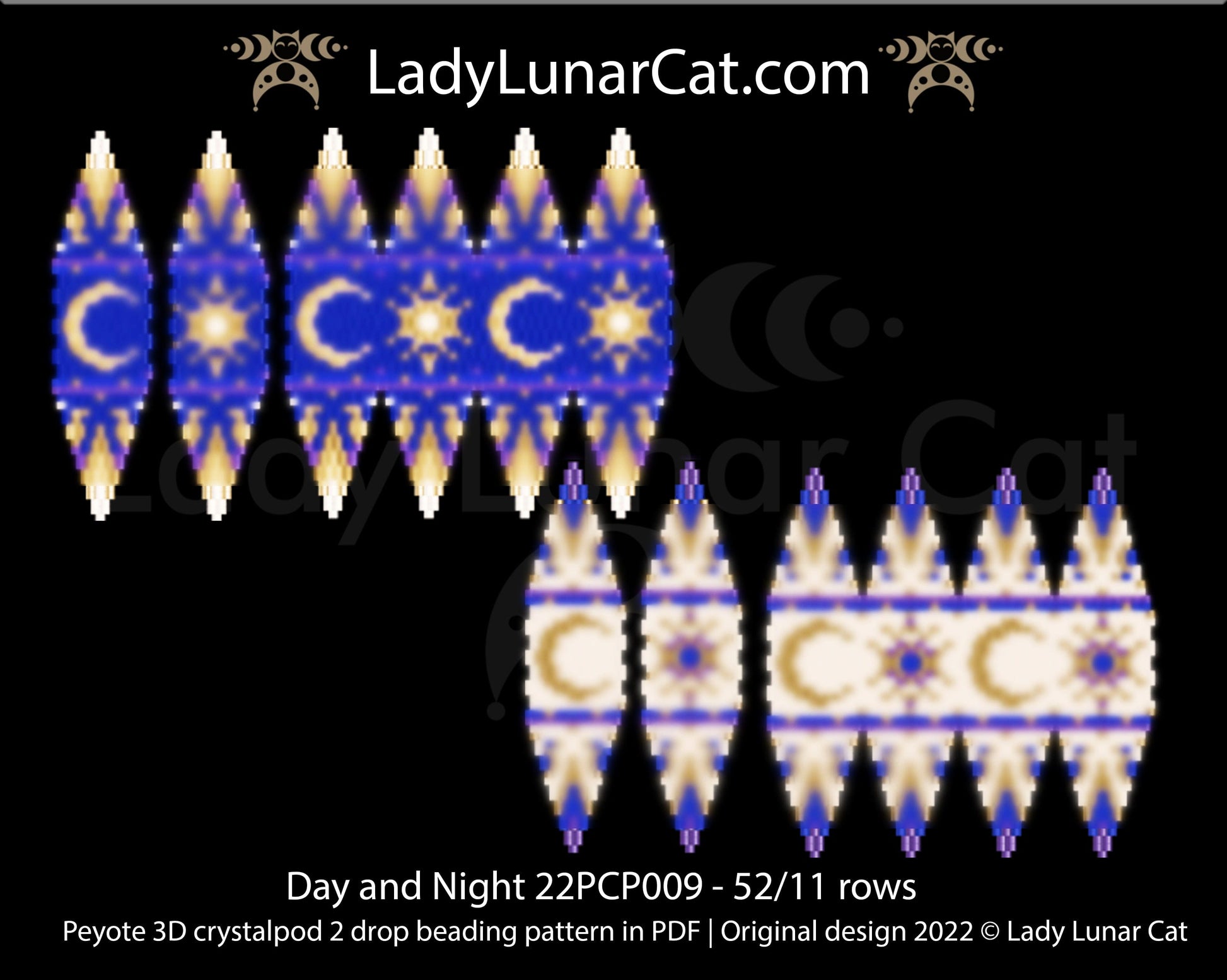 Peyote 2drop pod pattern or crystalpod pattern for beading Day and Night 22PCP009 LadyLunarCat