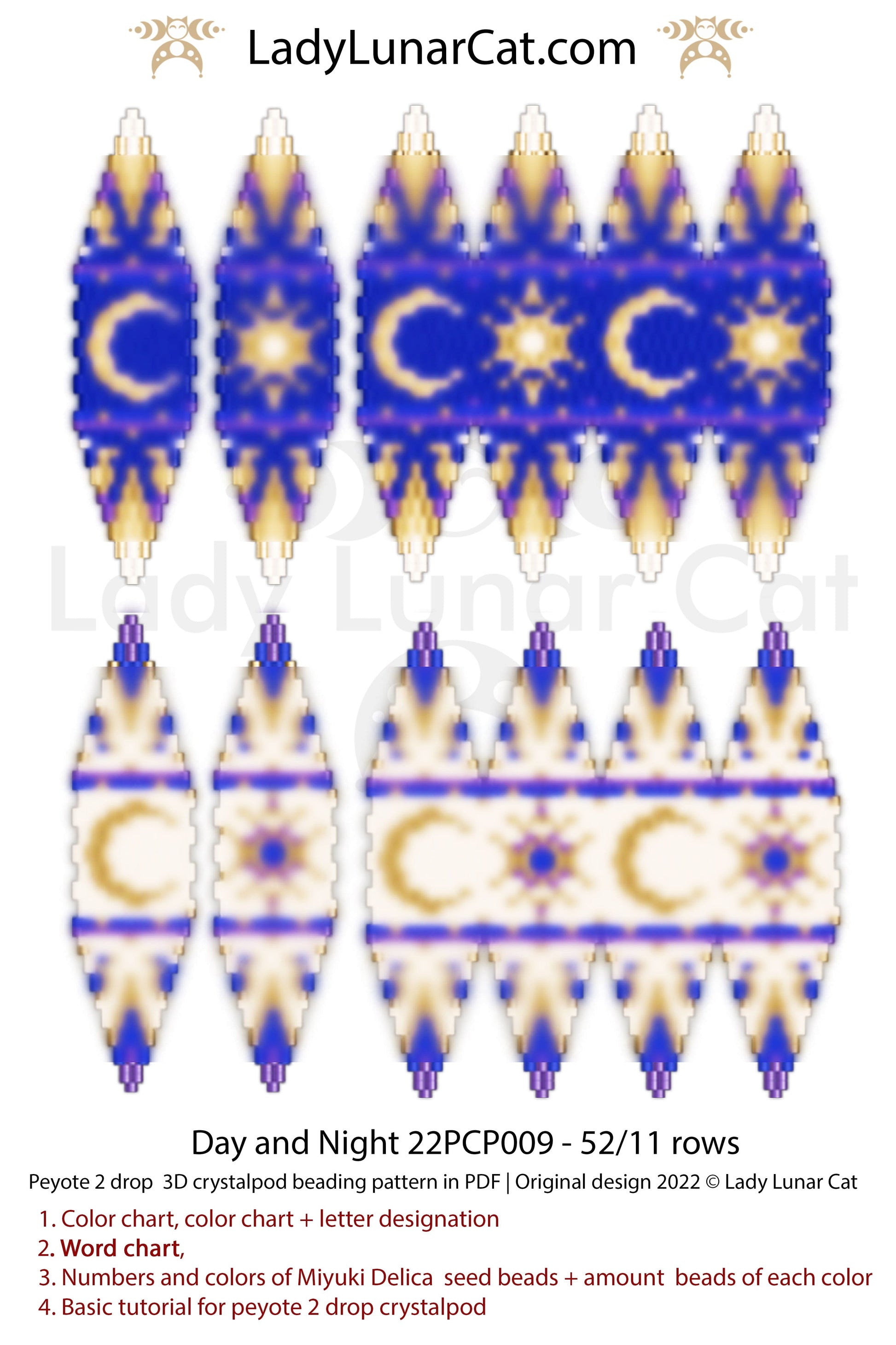 Peyote 2drop pod pattern or crystalpod pattern for beading Day and Night 22PCP009 LadyLunarCat