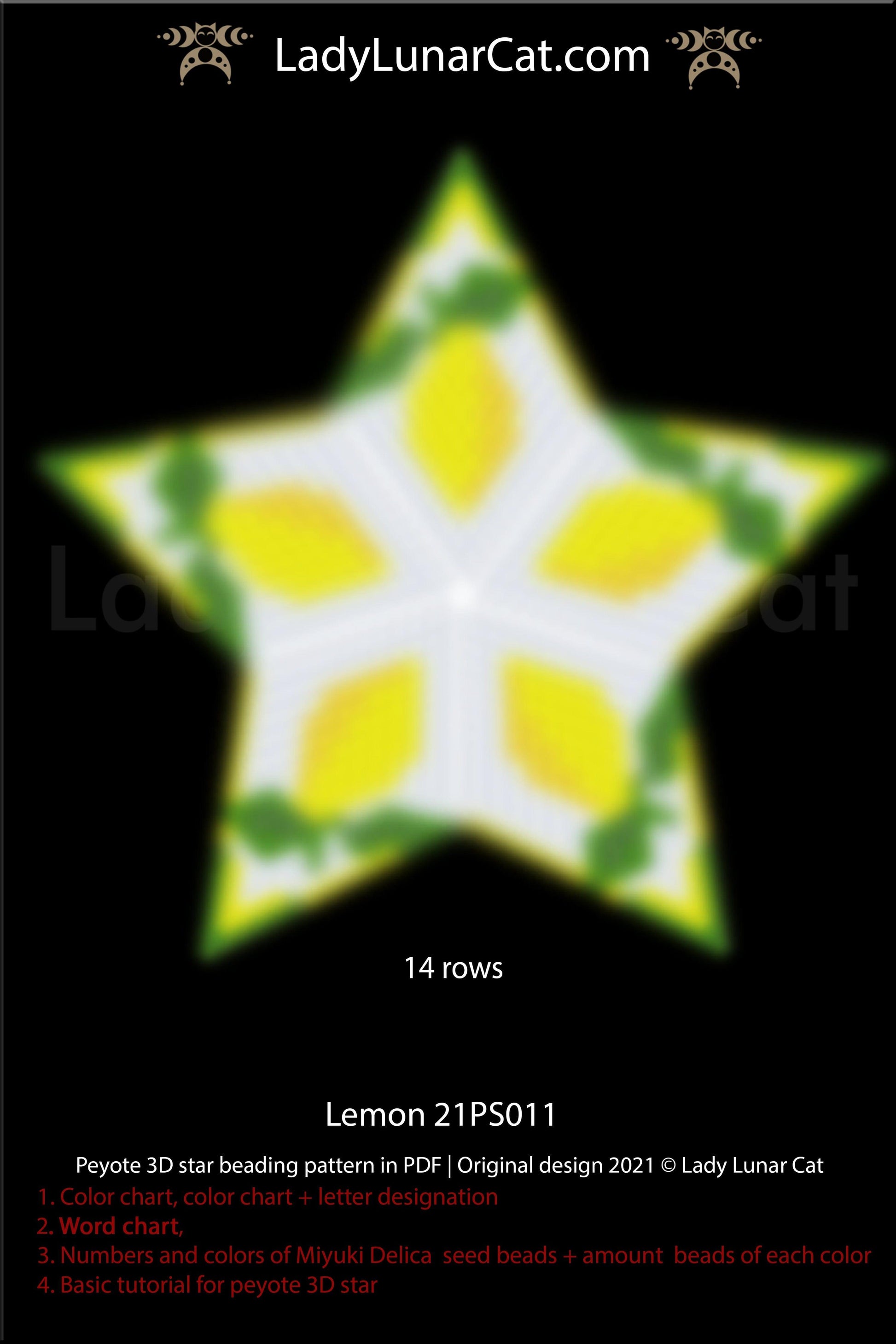 Beaded star pattern - Lemon 21PS011 | Seed beads tutorial for 3D peyote star LadyLunarCat