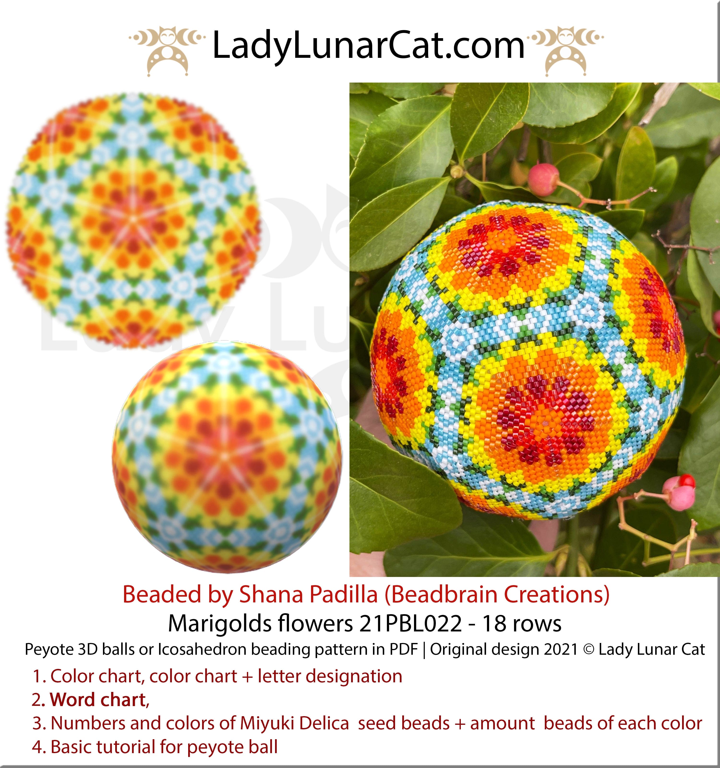 Beaded ball pattern for beading Peyote 3d Icosahedron Marigolds flowers 21PBL022 18 rows