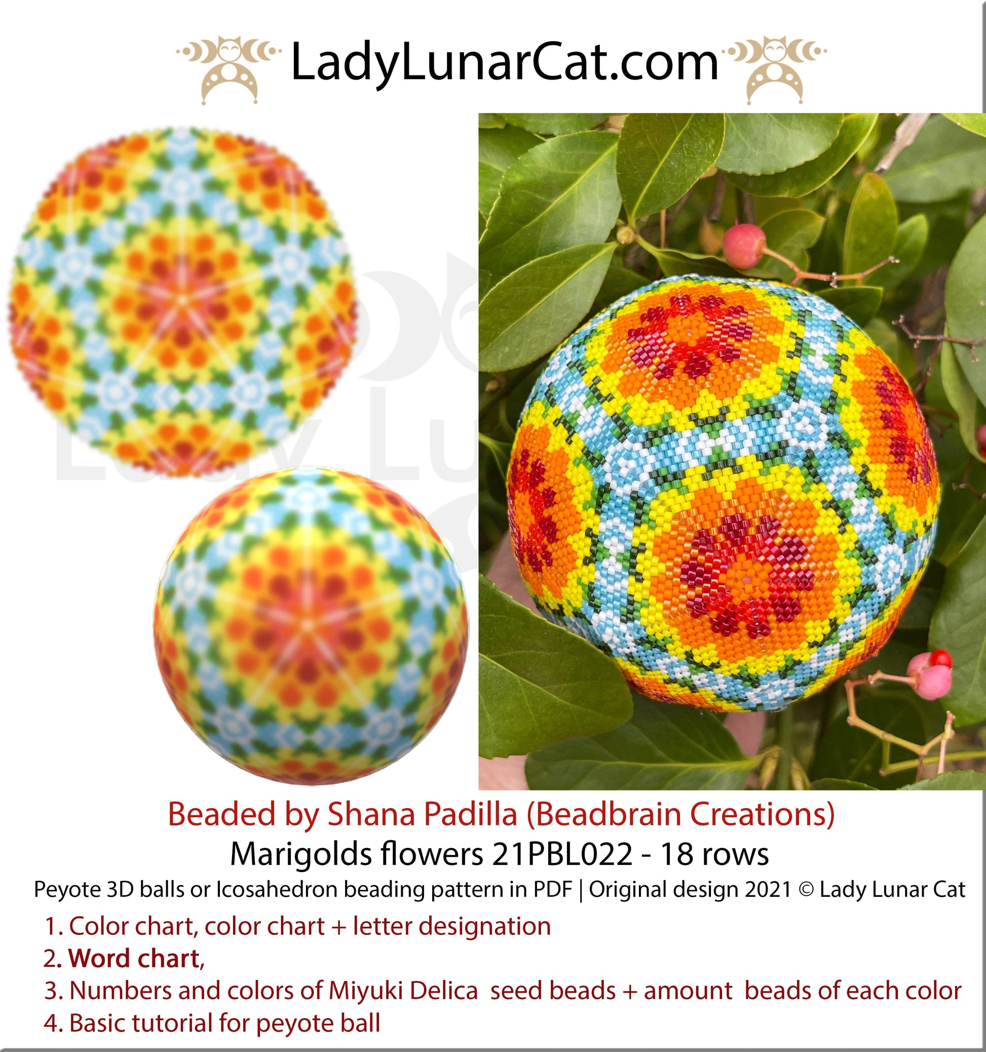 Beaded ball pattern for beading | Peyote 3d Icosahedron Marigolds flowers 21PBL022 18 rows LadyLunarCat