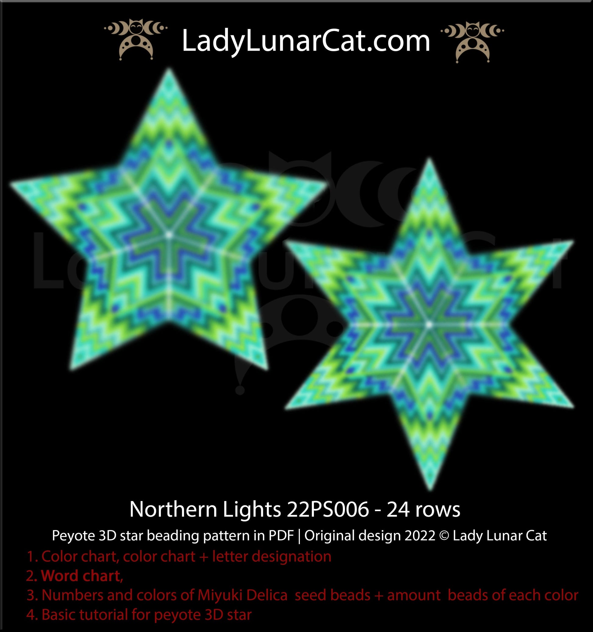Peyote star pattern for beading - Northern Lights 22PS006 24 rows LadyLunarCat