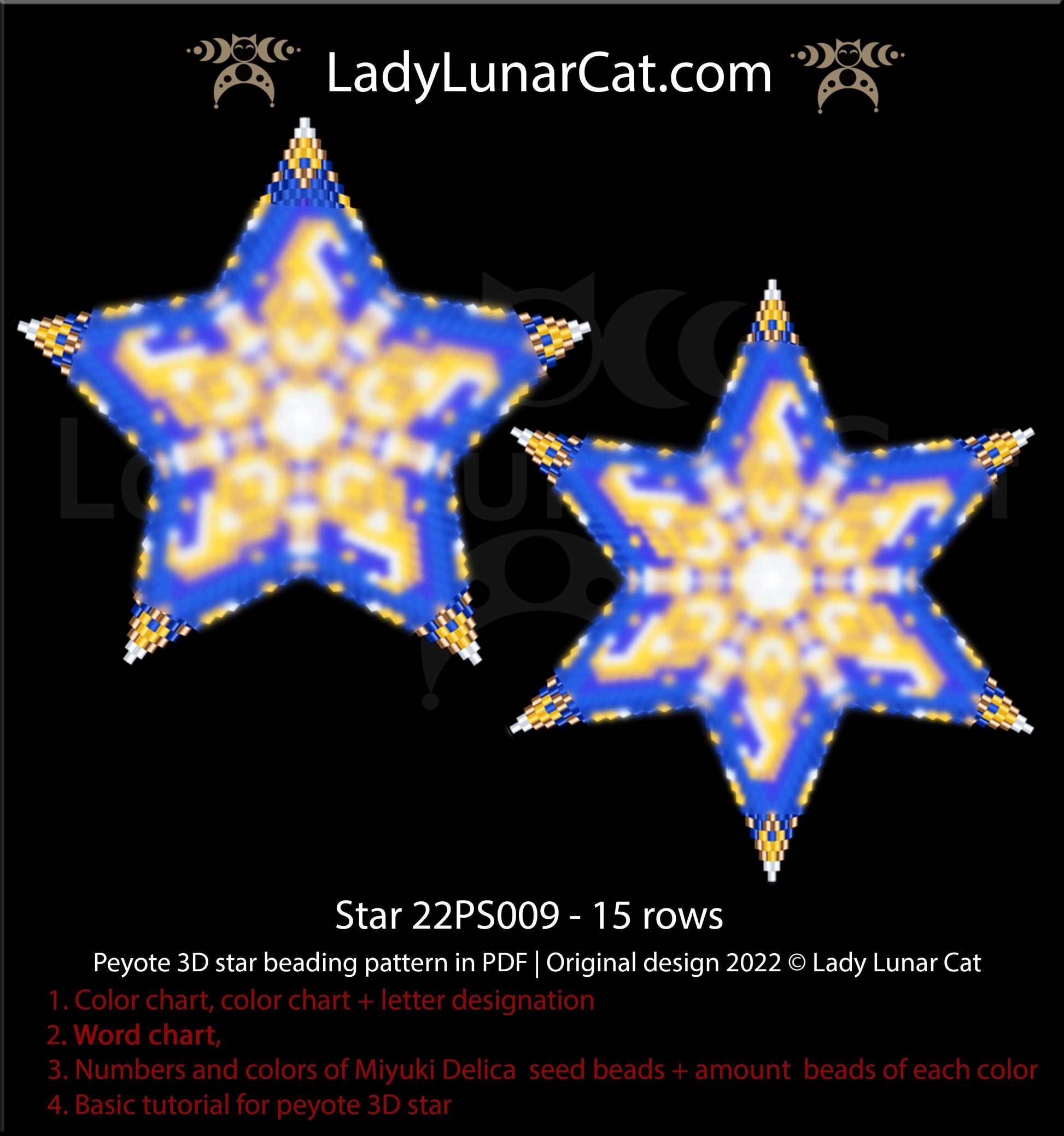 Peyote star pattern for beading - Star 22PS009 15 rows LadyLunarCat
