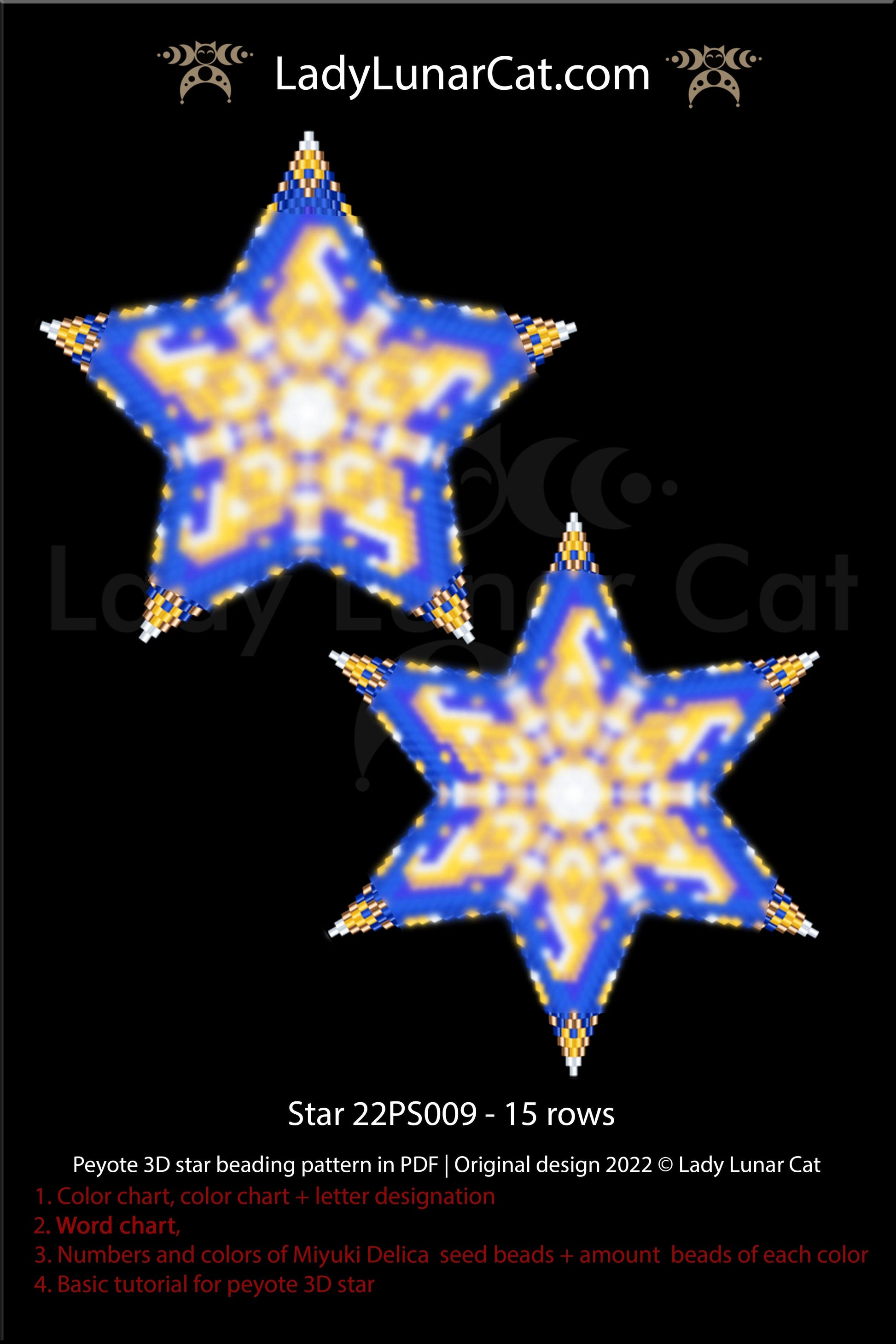 Peyote star pattern for beading - Star 22PS009 15 rows LadyLunarCat