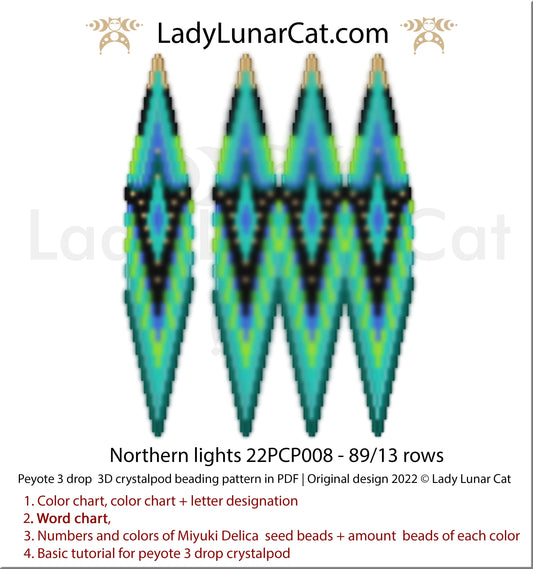 Peyote 3drop pod pattern or crystalpod pattern for beading  Northern lights 22PCP008 LadyLunarCat