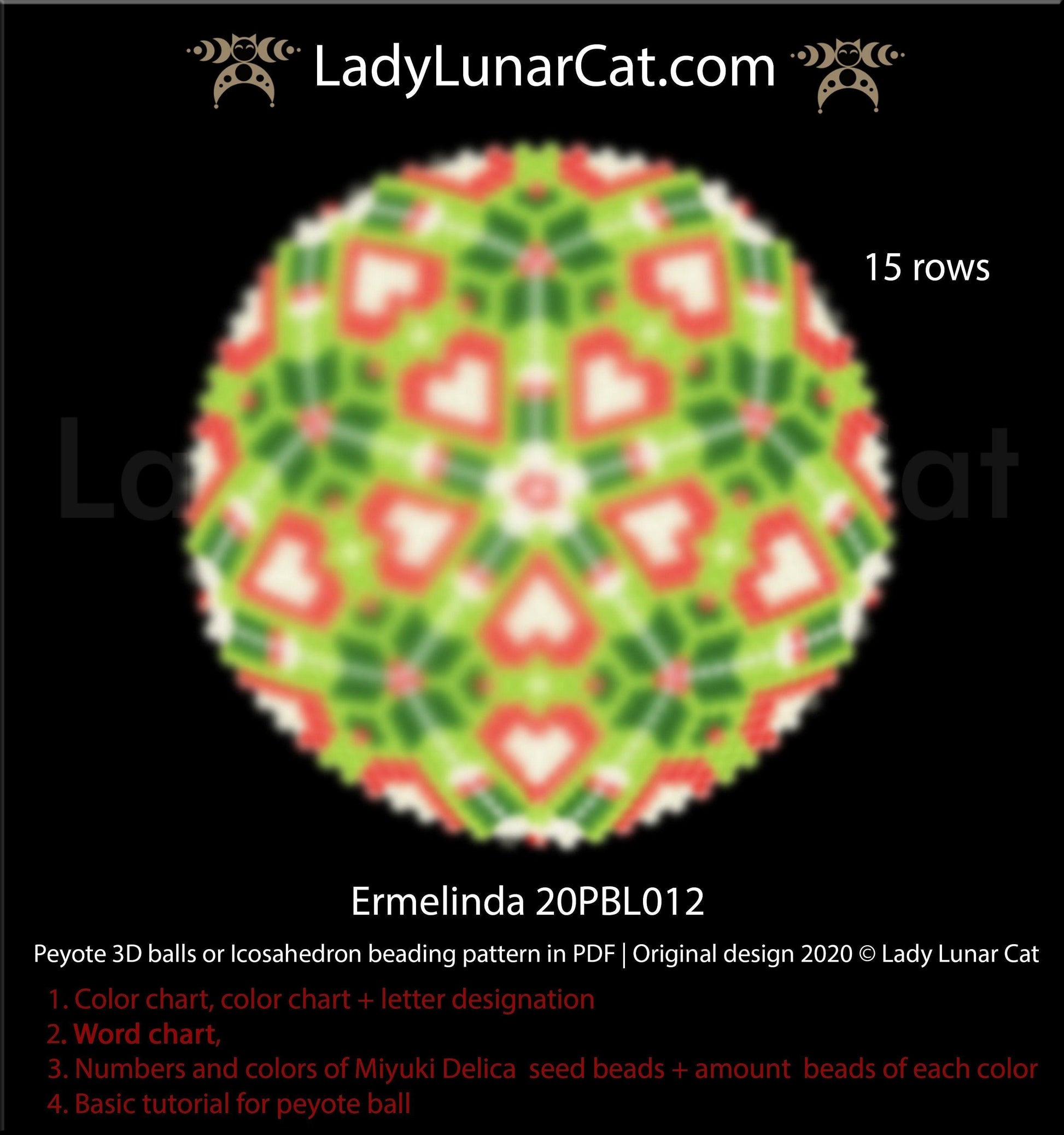 Peyote 3d ball pattern for beading | Beaded Icosahedron Ermelinda 20PBL012 15 rows LadyLunarCat