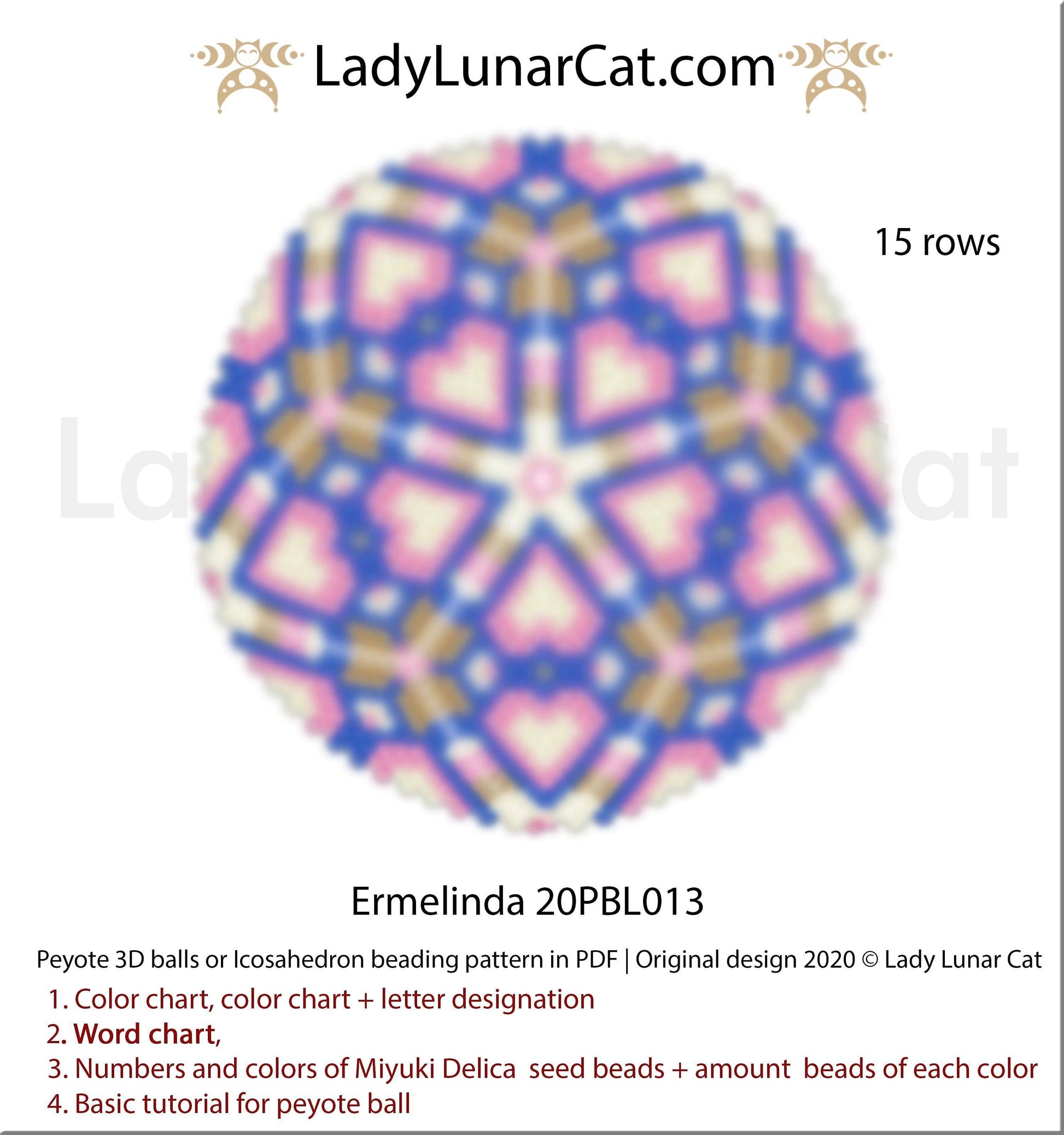 Peyote 3d ball pattern for beading | Beaded Icosahedron Ermelinda 20PBL013 15 rows LadyLunarCat