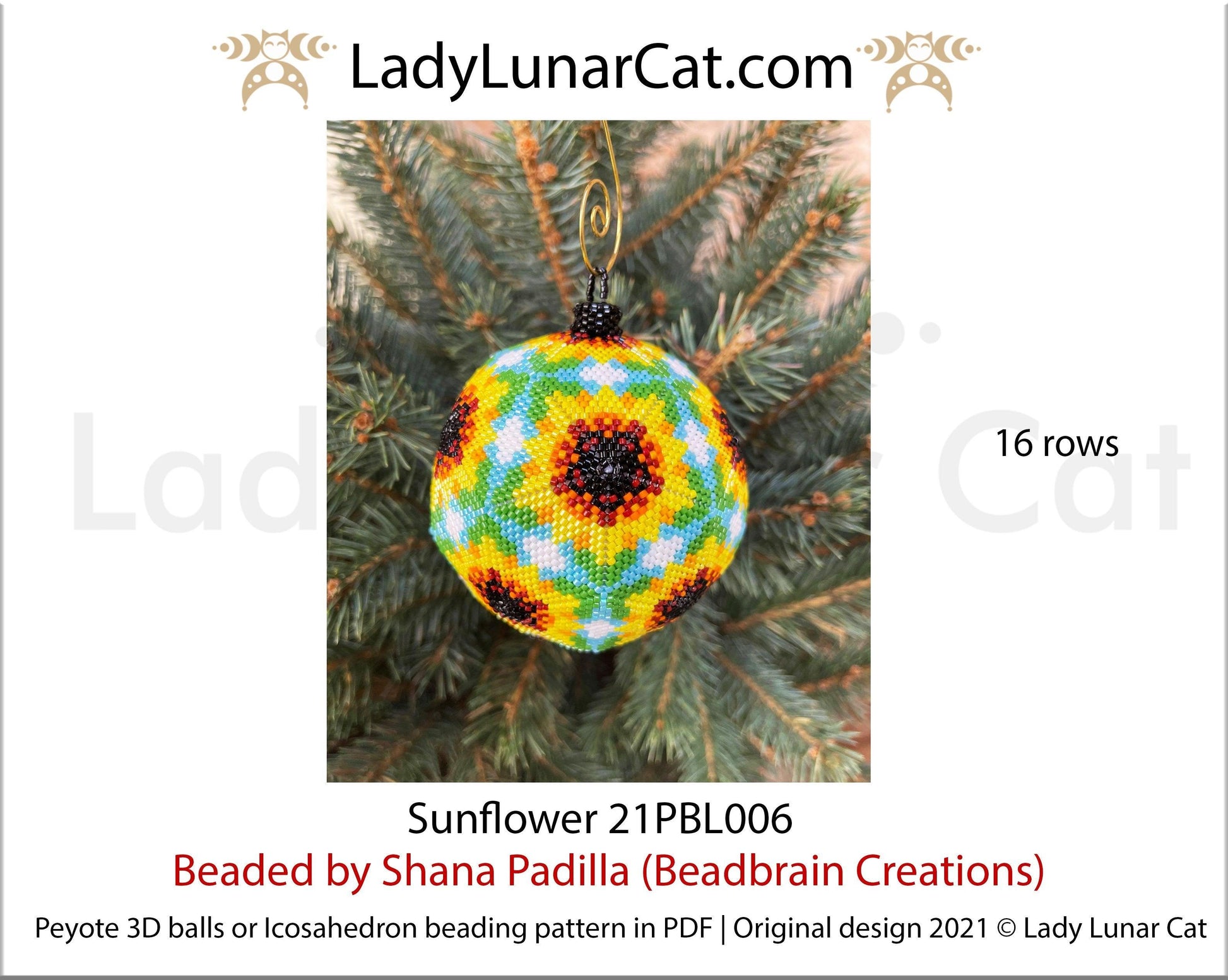 Peyote 3d ball pattern for beading | Beaded Icosahedron Sunflowers 21PBL006 16 rows LadyLunarCat