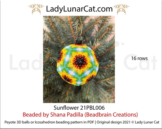 Peyote 3d ball pattern for beading | Beaded Icosahedron Sunflowers  21PBL006 16 rows LadyLunarCat