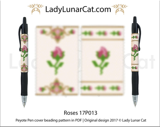 Peyote pen cover pattern for beading | Beaded pen wrap and rings tutorial Roses 17P013 LadyLunarCat