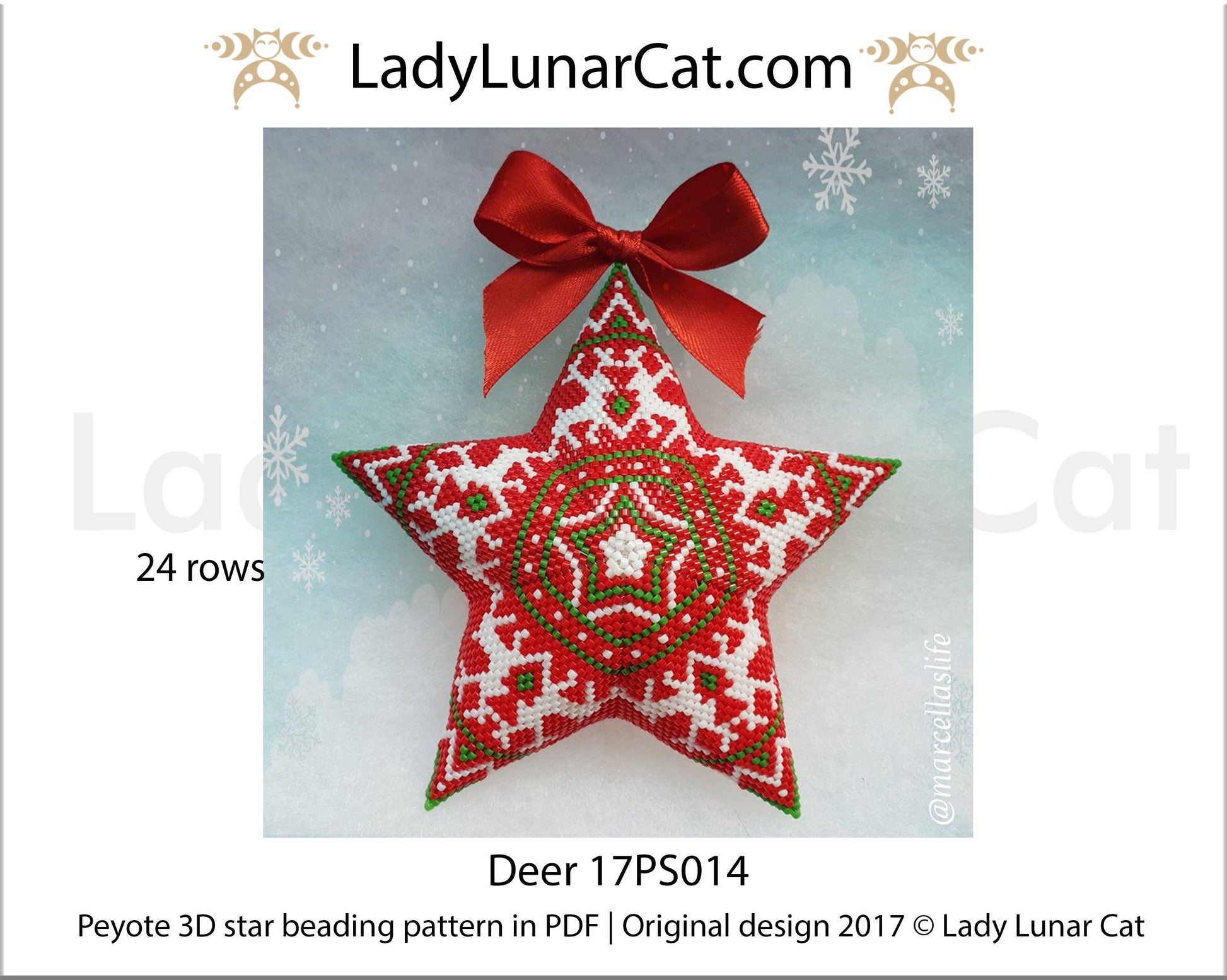 Peyote star patterns for beading Christmas ornaments with Northern deer 17PS014 LadyLunarCat