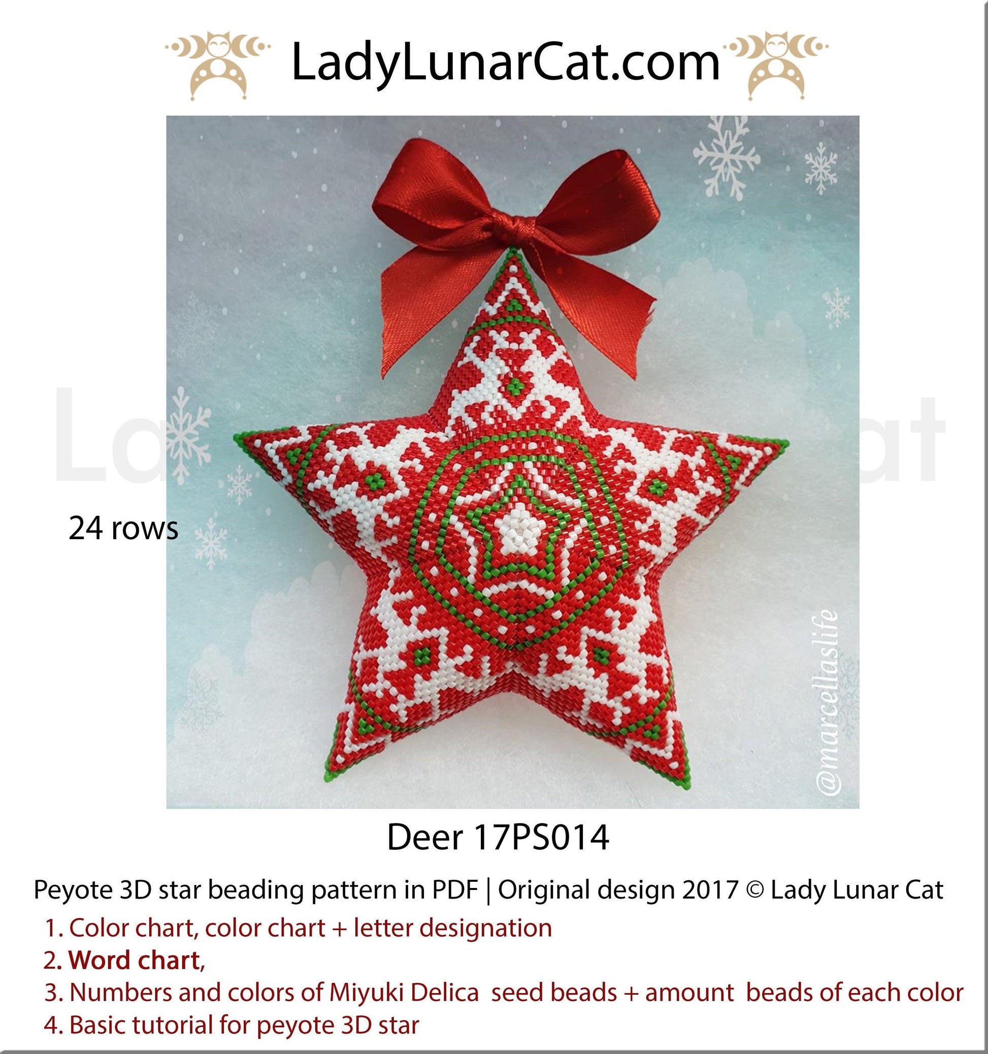 Peyote star patterns for beading Christmas ornaments with Northern deer 17PS014 LadyLunarCat