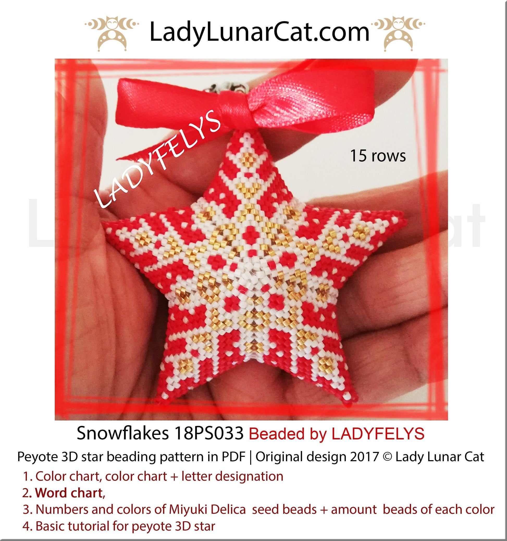 Peyote star patterns for beading Christmas red snowflake 18PS033 LadyLunarCat