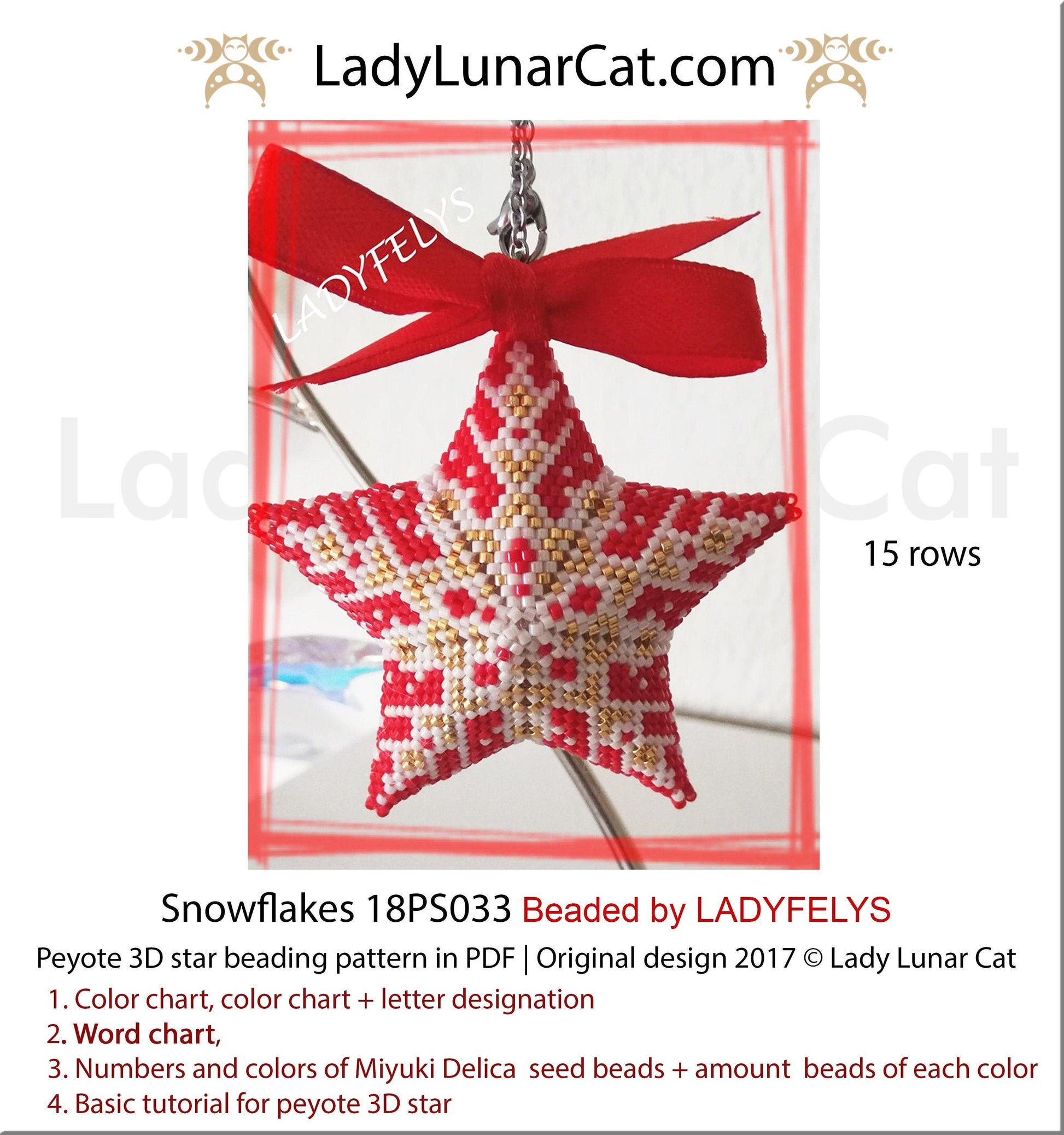 Peyote star patterns for beading Christmas red snowflake 18PS033 LadyLunarCat
