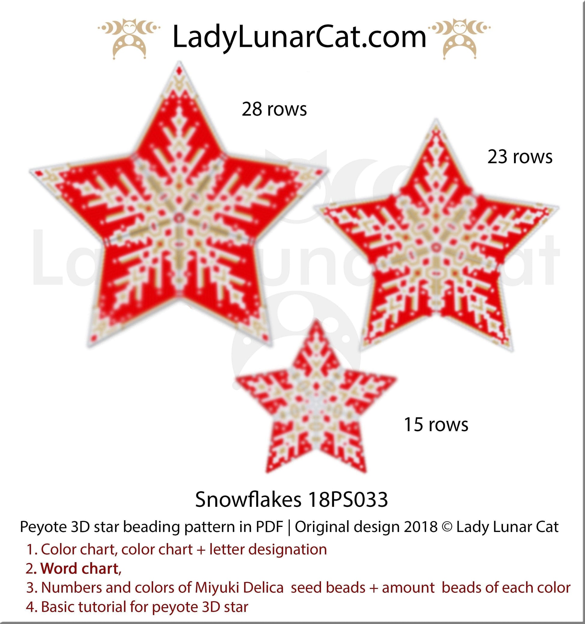 Peyote star patterns for beading Christmas red snowflake 18PS033 LadyLunarCat