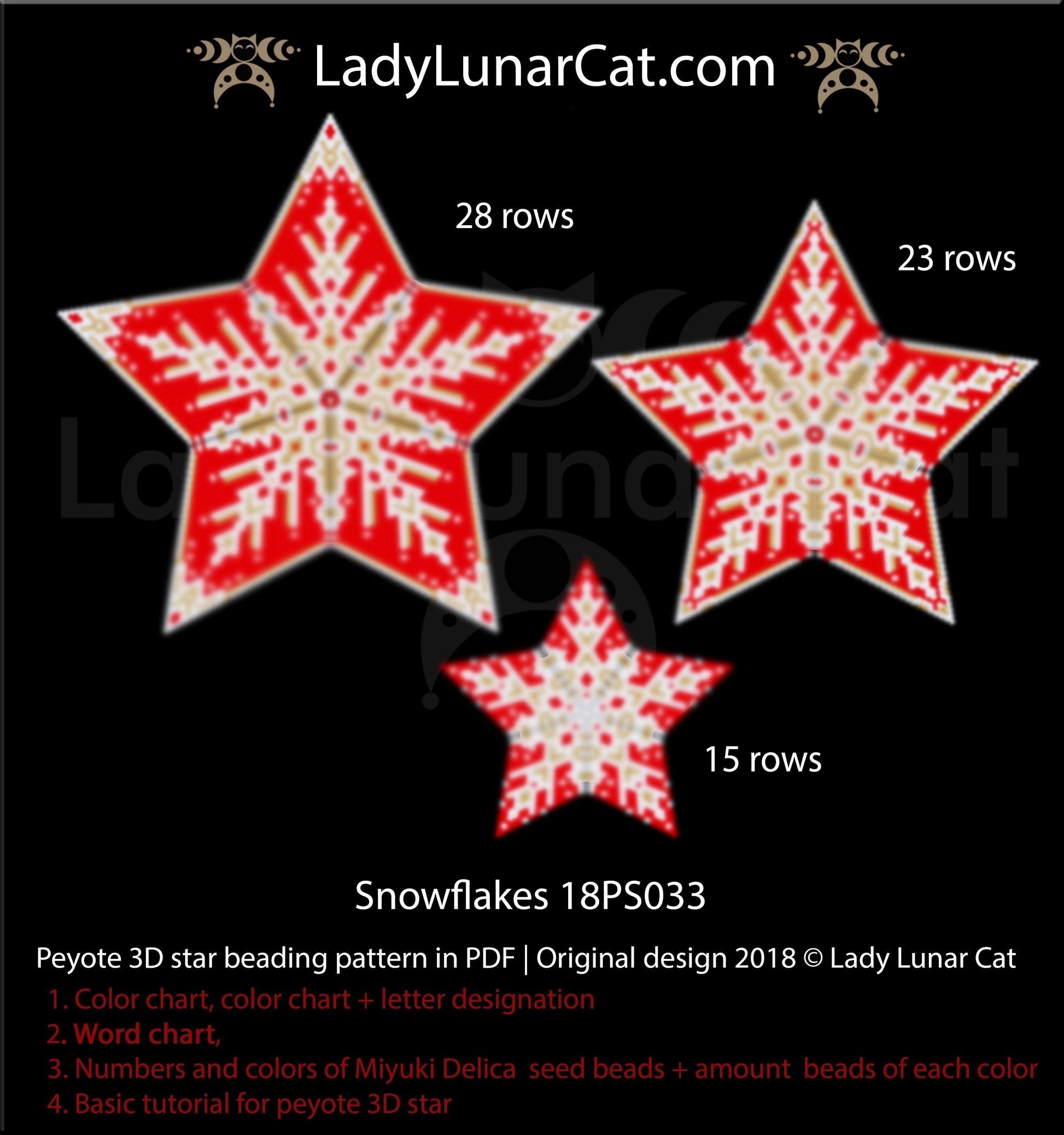 Peyote star patterns for beading Christmas red snowflake 18PS033 LadyLunarCat