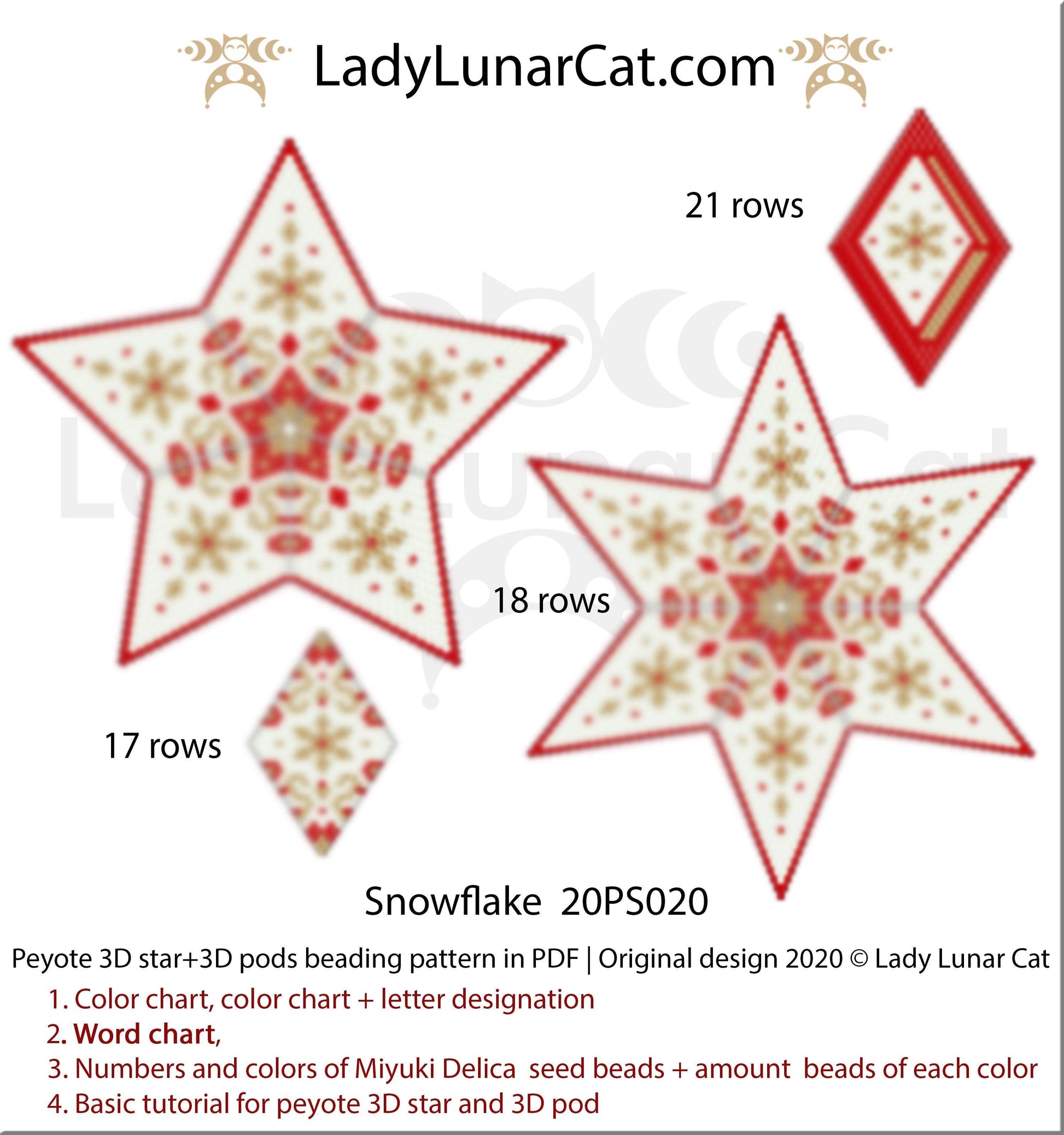 Peyote star patterns for beading and peyote pod patterns Snowflake 20PS020 LadyLunarCat