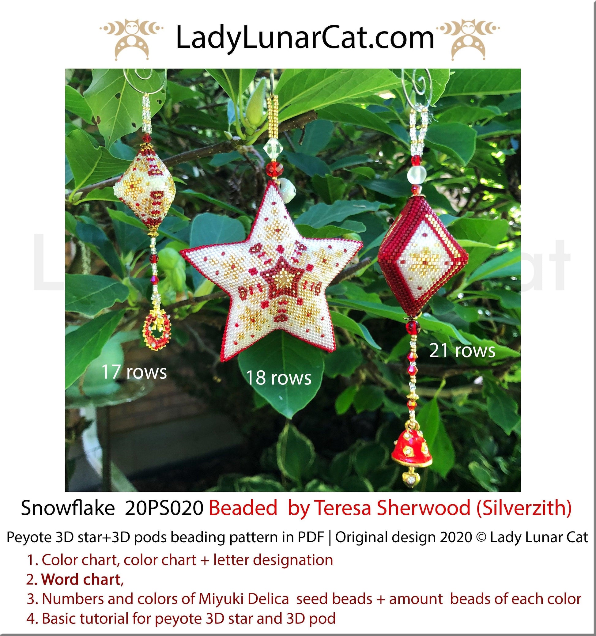 Peyote star patterns for beading and peyote pod patterns Snowflake 20PS020 LadyLunarCat
